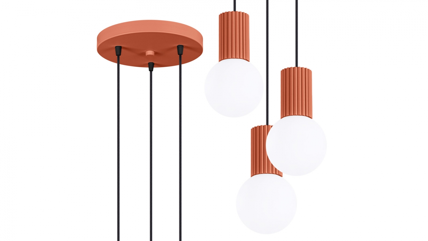 Suspension en aluminium cannelé 3 ampoules terracotta - Halo Suspension en aluminium cannelé 3 ampoules terracotta - Halo