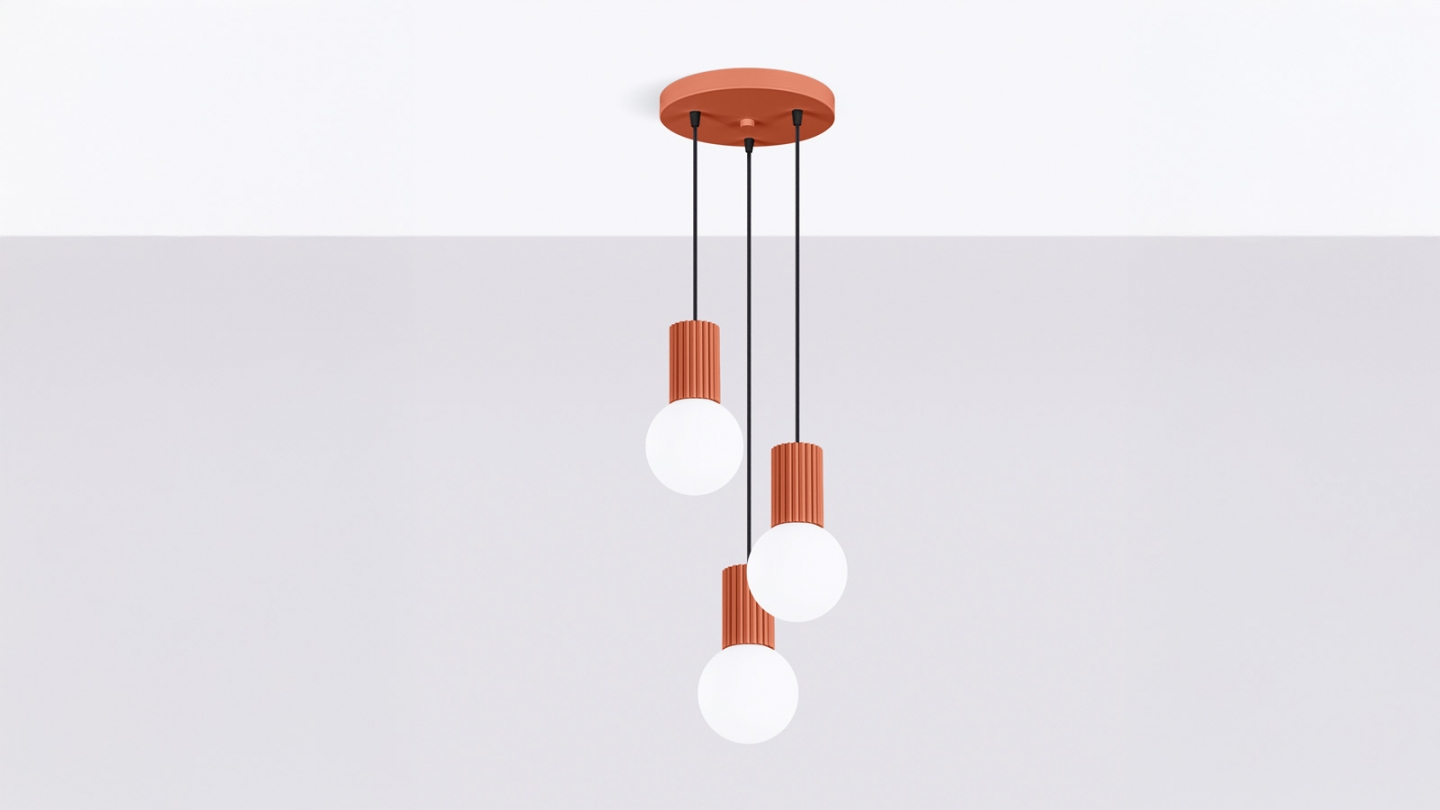 Suspension en aluminium cannelé 3 ampoules terracotta - Halo Suspension en aluminium cannelé 3 ampoules terracotta - Halo