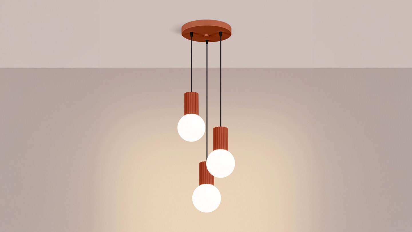 Suspension en aluminium cannelé 3 ampoules terracotta - Halo Suspension en aluminium cannelé 3 ampoules terracotta - Halo