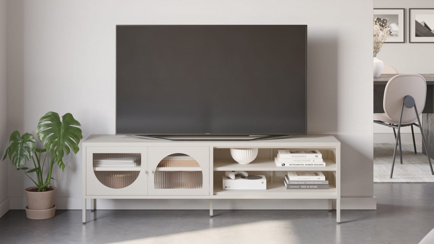 Meuble TV 2 portes 2 niches en métal beige 160 cm - Ysia