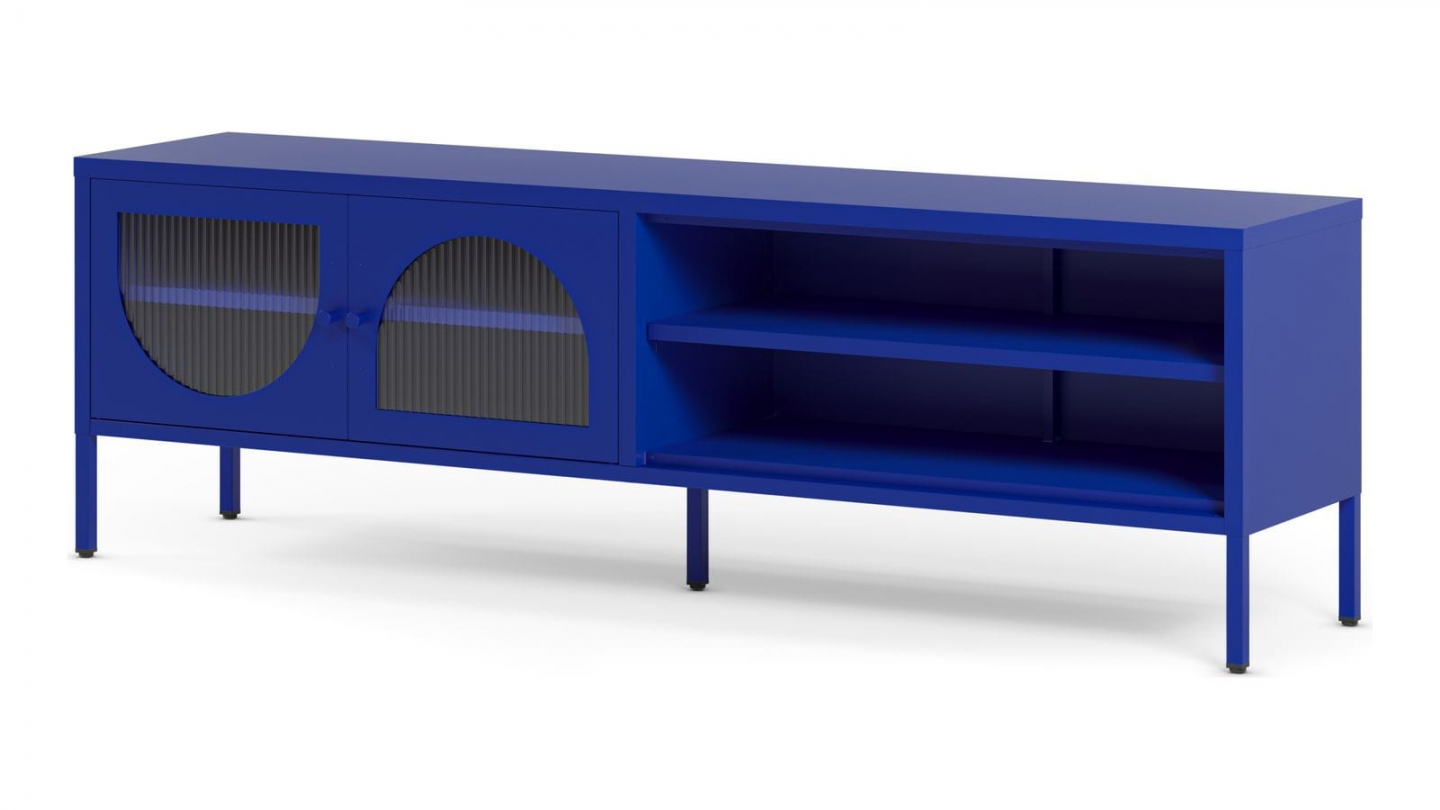 Meuble TV 2 portes 2 niches en métal bleu électrique 160 cm - Ysia