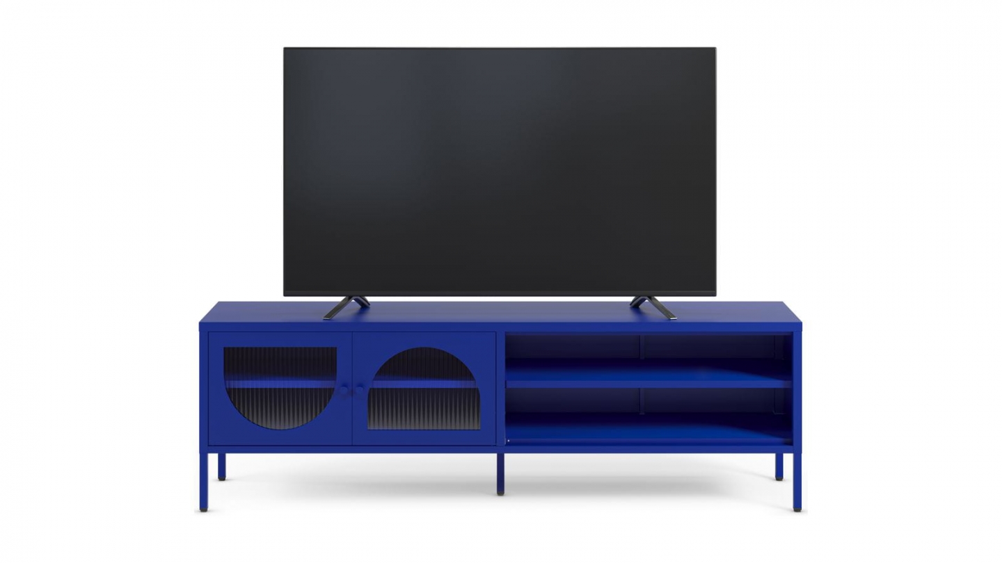 Meuble TV 2 portes 2 niches en métal bleu électrique 160 cm - Ysia
