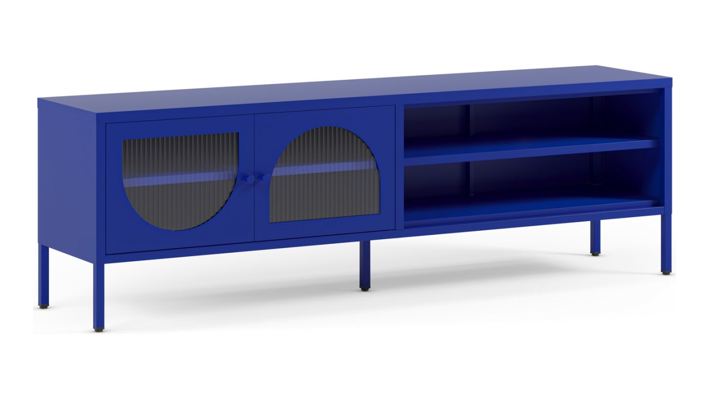 Meuble TV 2 portes 2 niches en métal bleu électrique 160 cm - Ysia