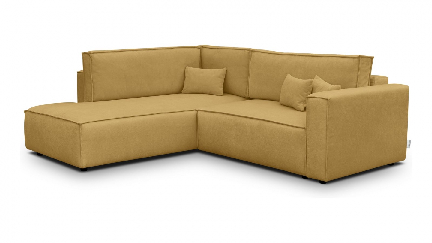 Canapé d'angle ouvert à gauche convertible 3 places en tissu chenille jaune moutarde - Emma
