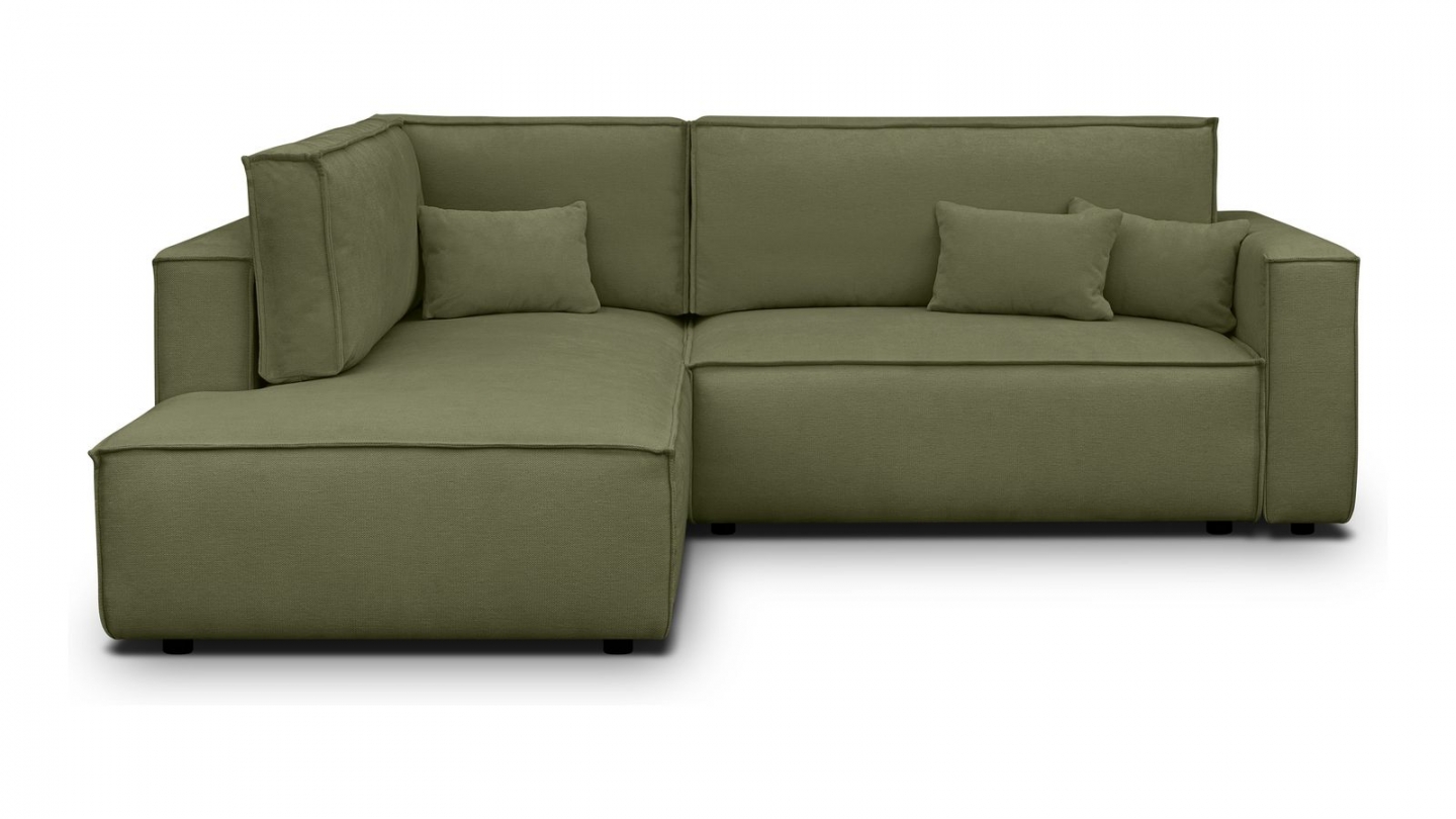 Canapé d'angle ouvert à gauche convertible 3 places en tissu chenille vert olive - Emma