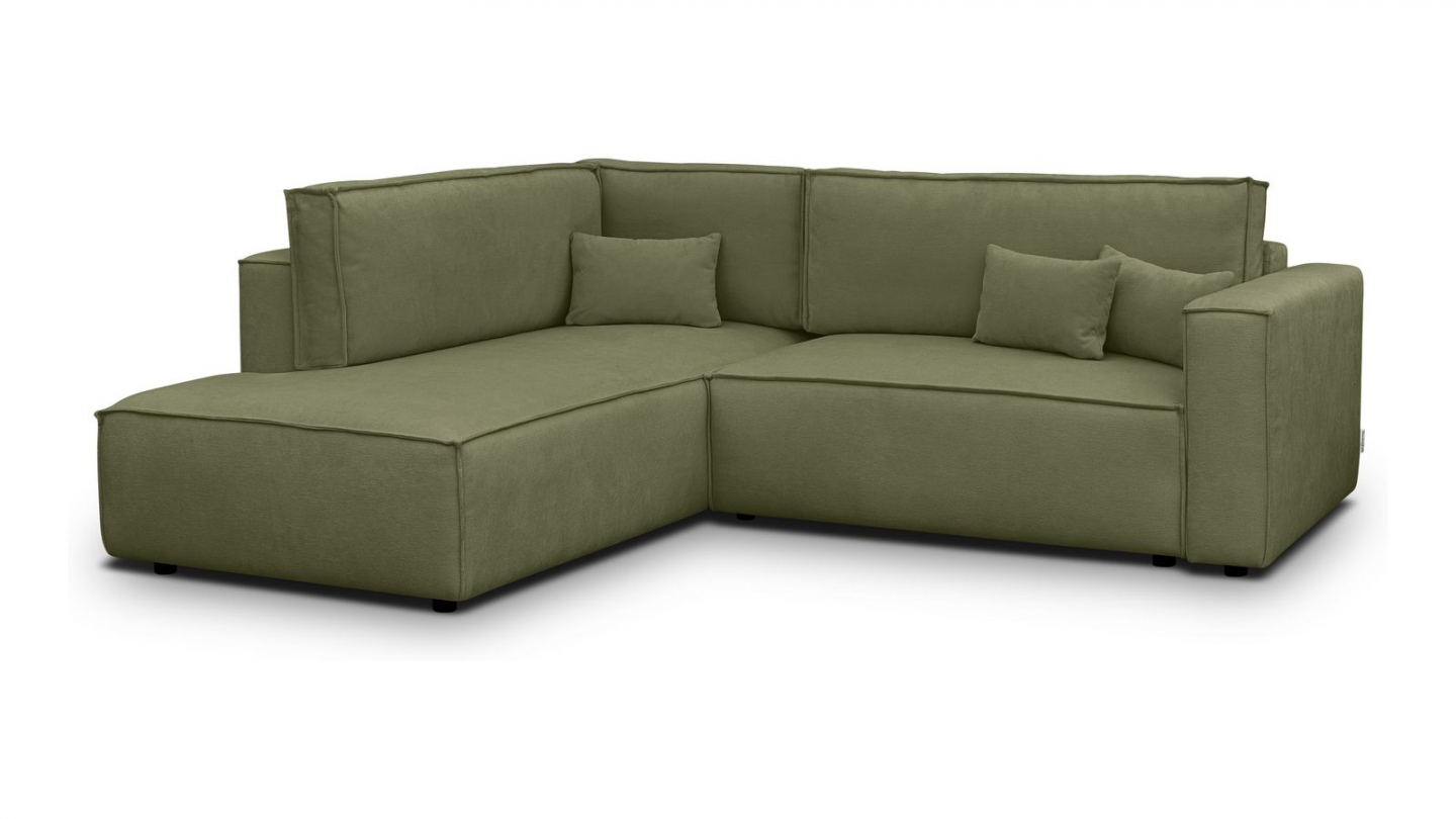 Canapé d'angle ouvert à gauche convertible 3 places en tissu chenille vert olive - Emma