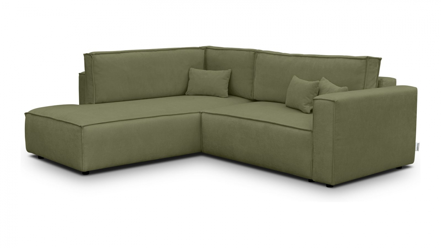 Canapé d'angle ouvert à gauche convertible 3 places en tissu chenille vert olive - Emma