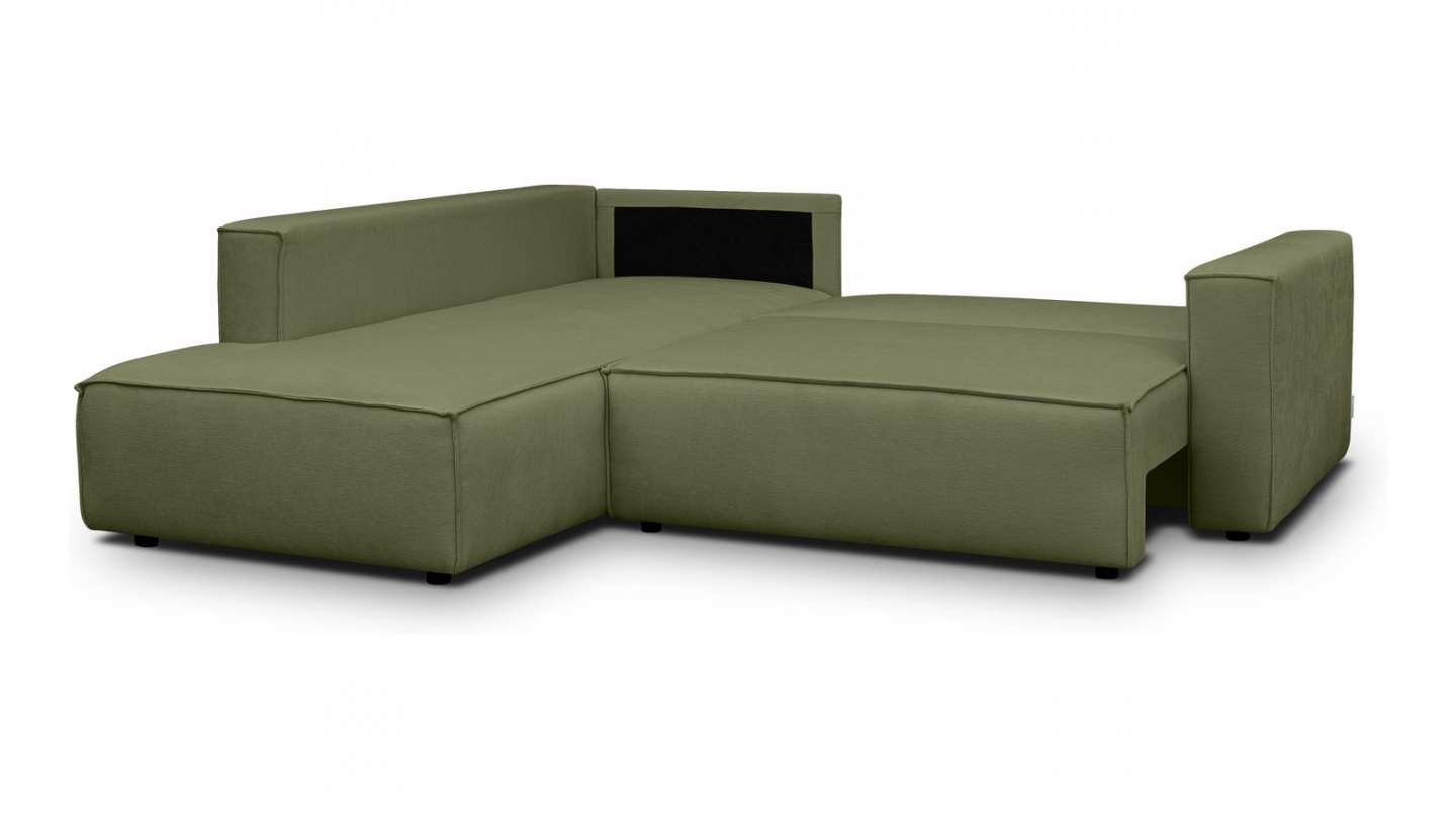 Canapé d'angle ouvert à gauche convertible 3 places en tissu chenille vert olive - Emma