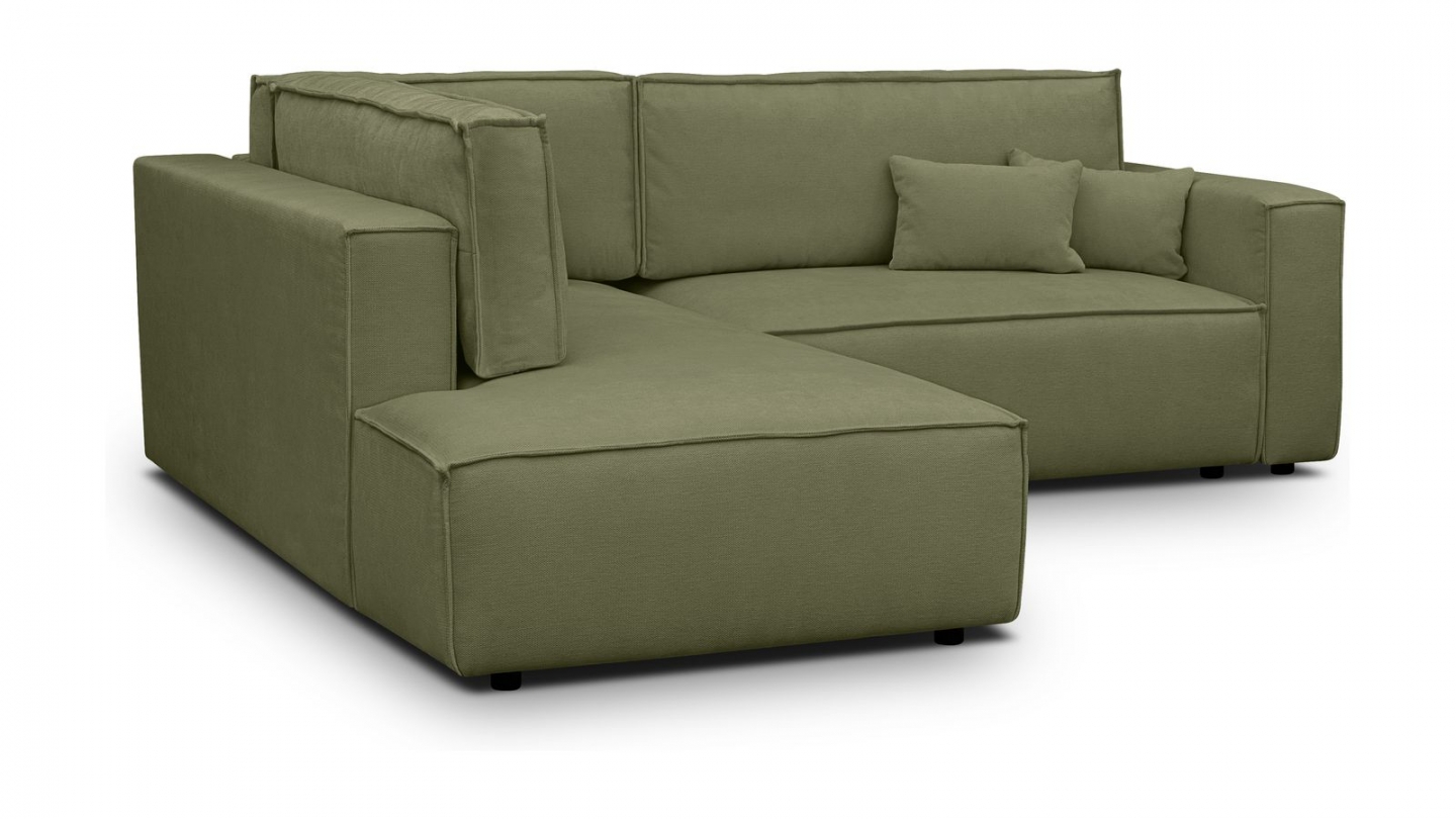 Canapé d'angle ouvert à gauche convertible 3 places en tissu chenille vert olive - Emma