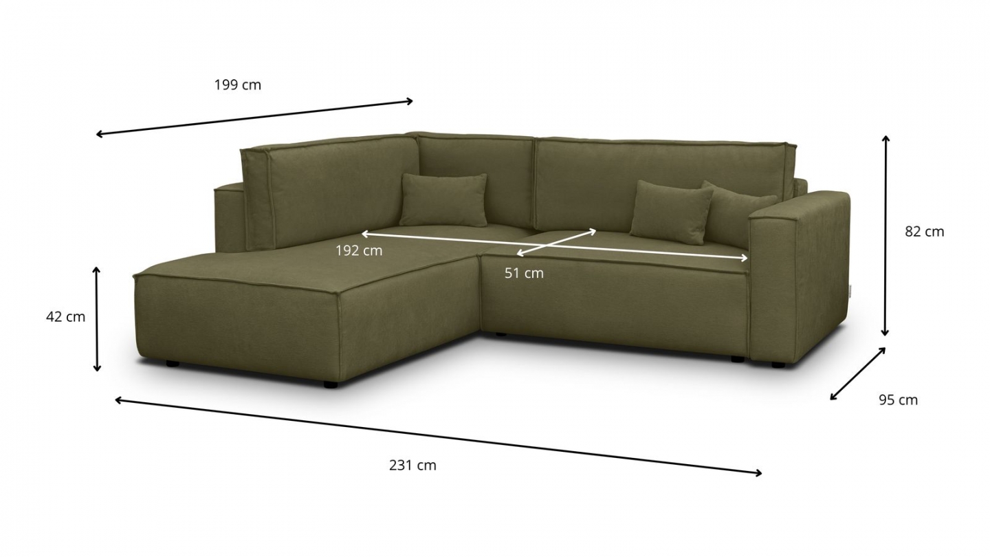 Canapé d'angle ouvert à gauche convertible 3 places en tissu chenille vert kaki - Emma