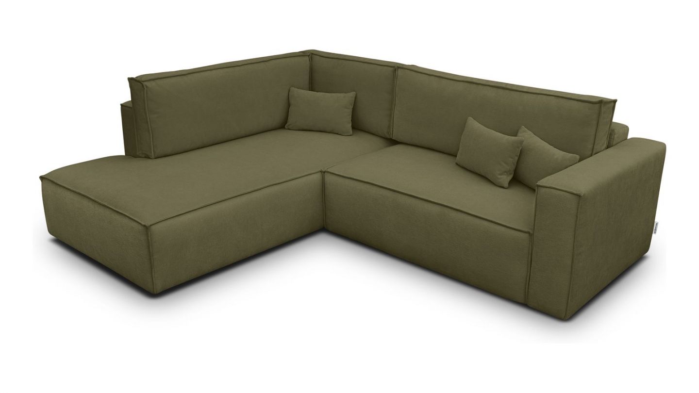Canapé d'angle ouvert à gauche convertible 3 places en tissu chenille vert kaki - Emma