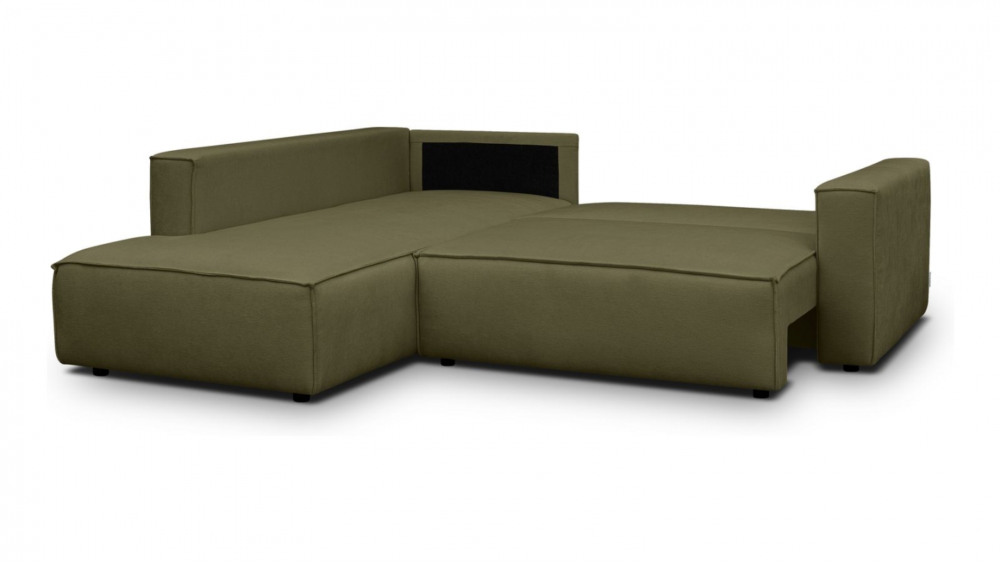 Canapé d'angle ouvert à gauche convertible 3 places en tissu chenille vert kaki - Emma