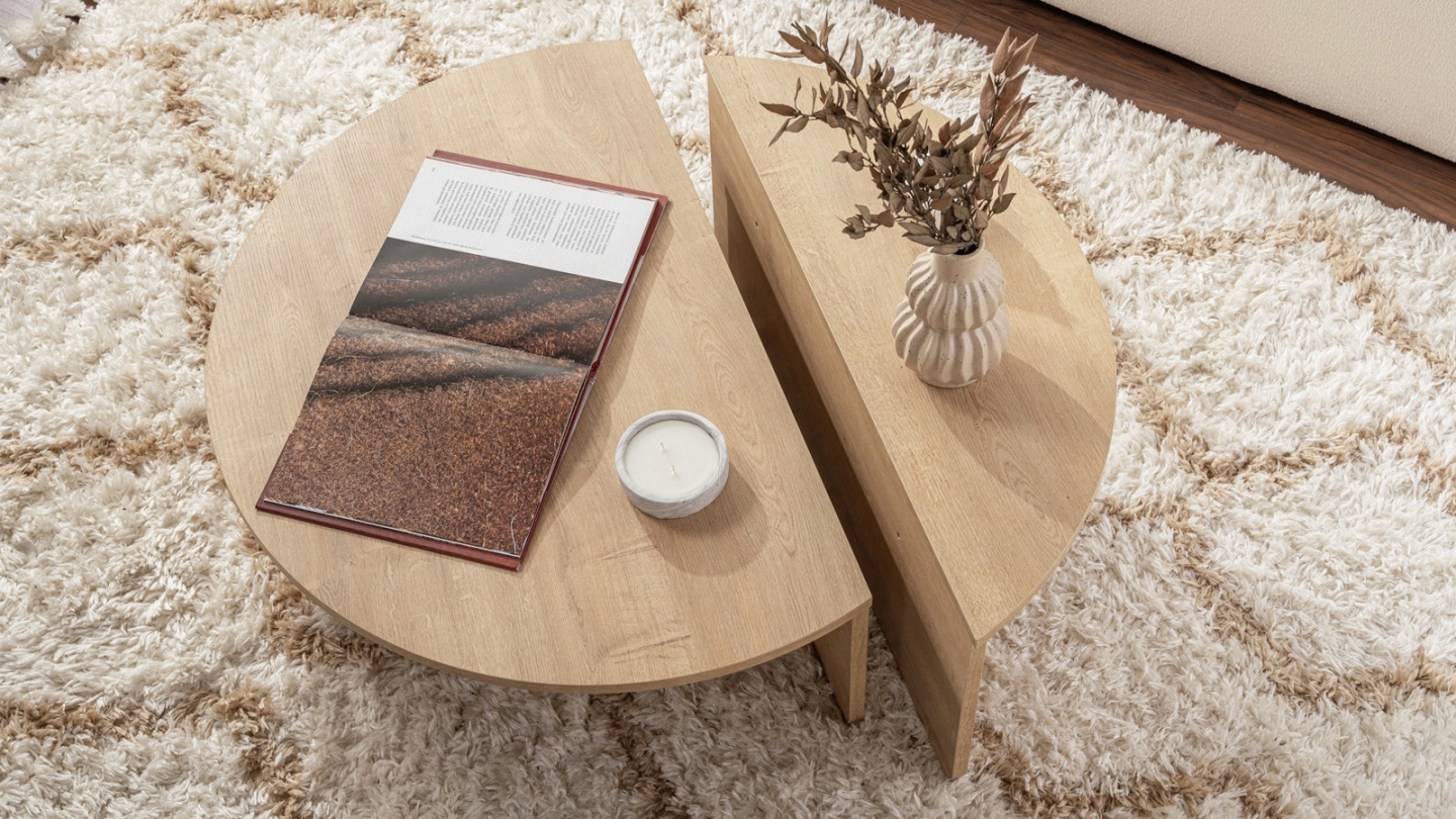 Table basse modulable ronde effet Chêne Ø90 cm - Selma Table basse modulable ronde effet Chêne Ø90 cm - Selma