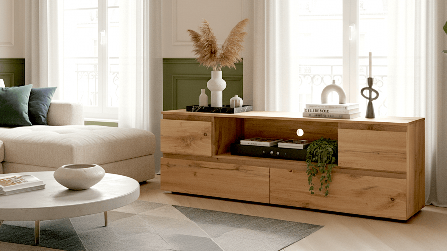 Meuble TV 4 tiroirs effet chêne 160 cm - Medea