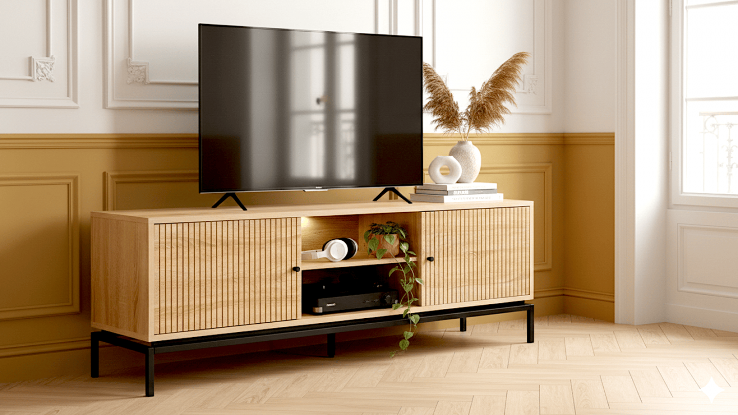 Meuble TV 2 portes effet bois 160 cm - Talia Meuble TV 2 portes effet bois 160 cm - Talia