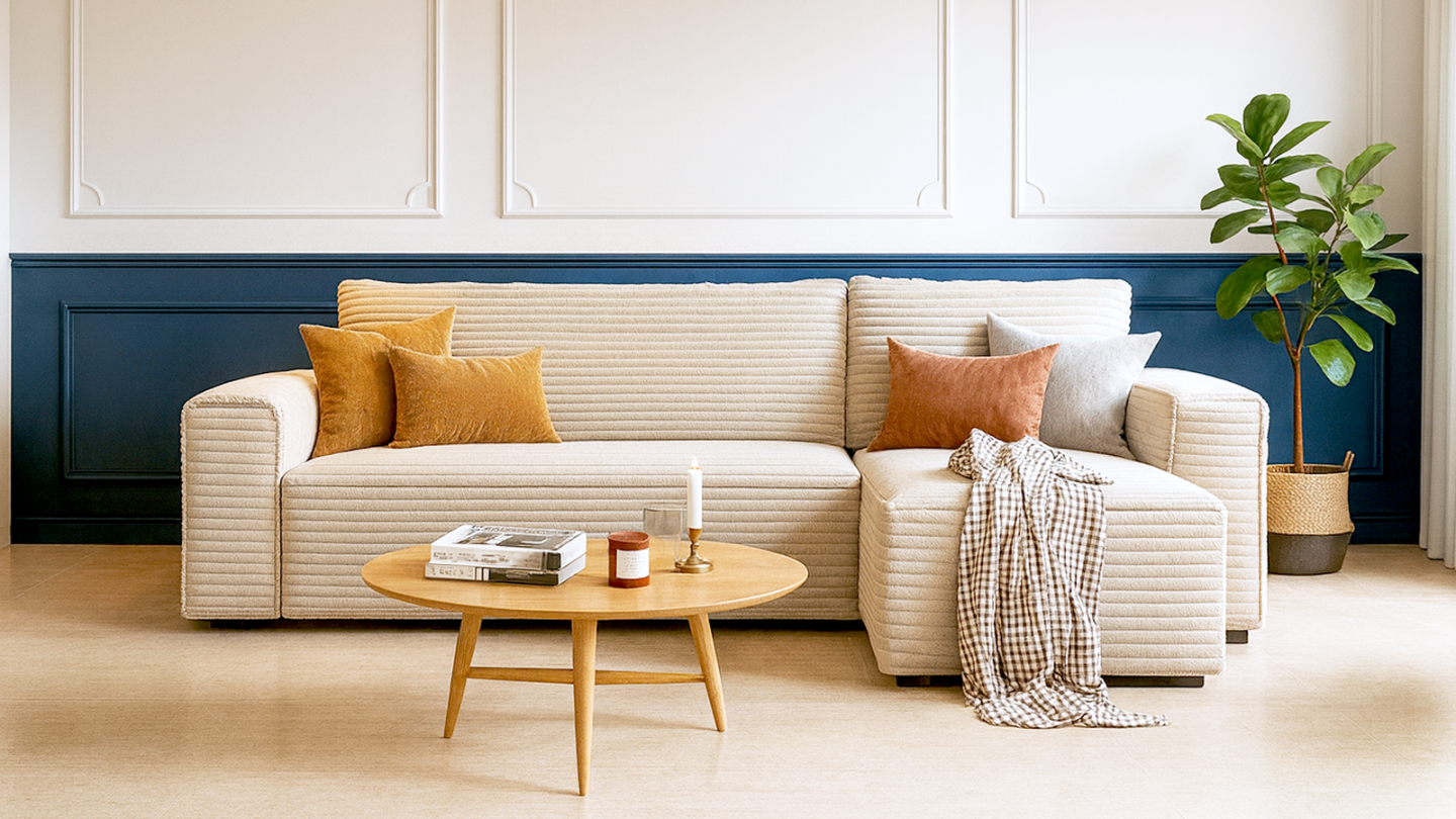 Canapé d'angle convertible réversible 3/4 places en velours gros côtelé beige - Farrow Canapé d'angle convertible réversible 3/4 places en velours gros côtelé beige - Farrow