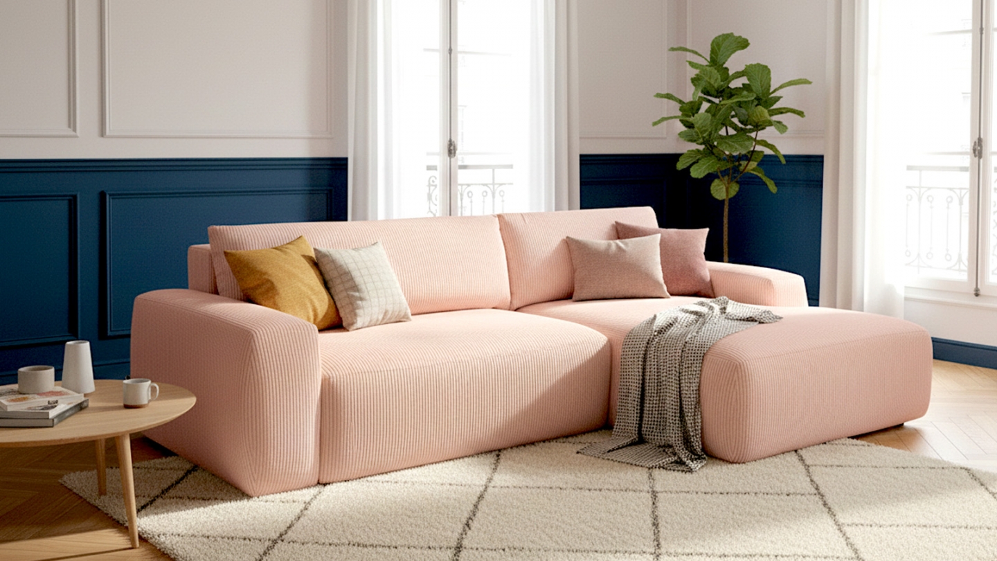 Canapé d'angle droit convertible 3 places en velours côtelé rose pâle - Sonny Canapé d'angle droit convertible 3 places en velours côtelé rose pâle - Sonny