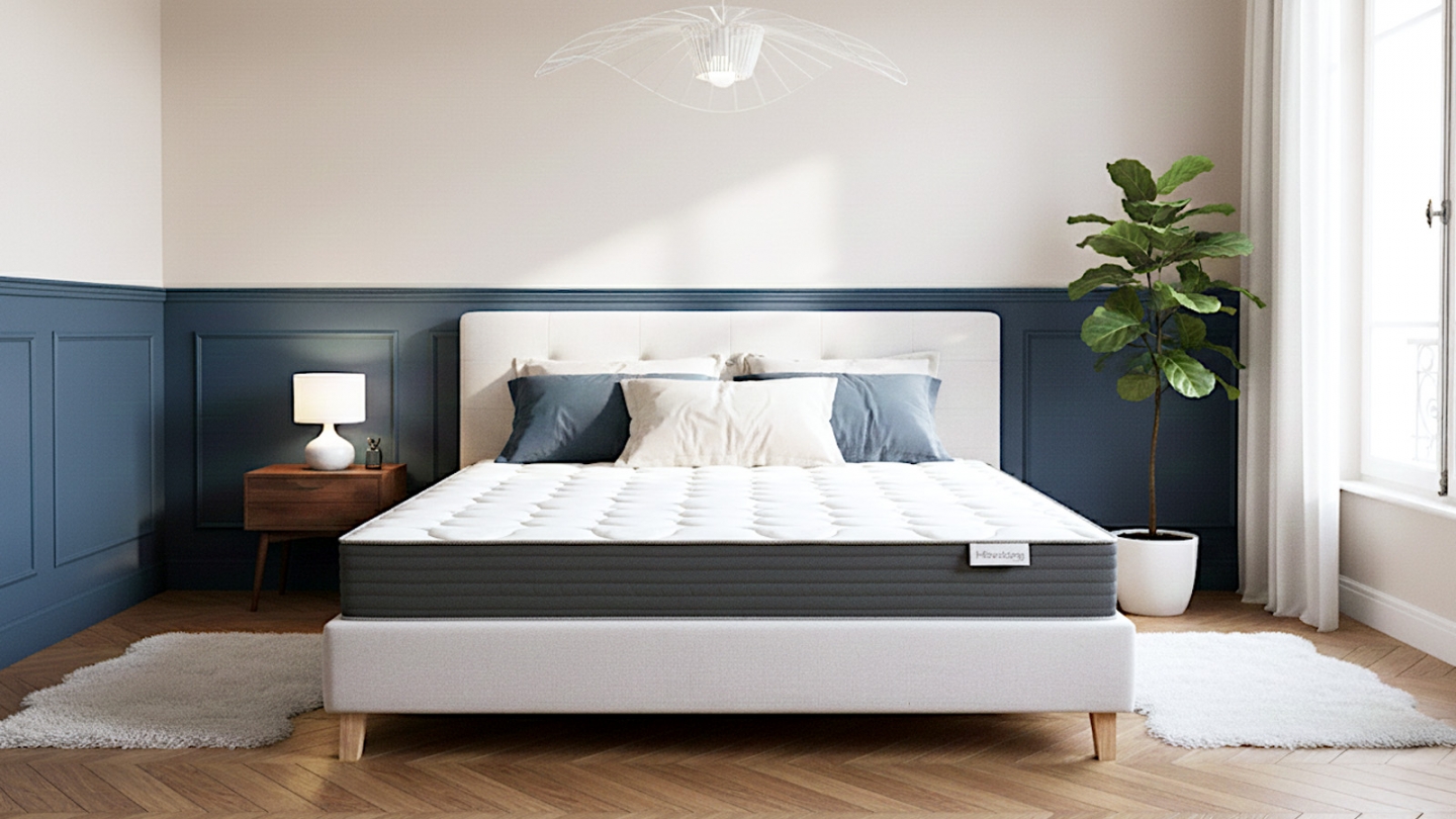 Ensemble Lit adulte 140x190cm avec tête de lit en tissu beige - Milo + Matelas mémoire de forme - Memo HR Ensemble Lit adulte 140x190cm avec tête de lit en tissu beige - Milo + Matelas mémoire de forme - Memo HR