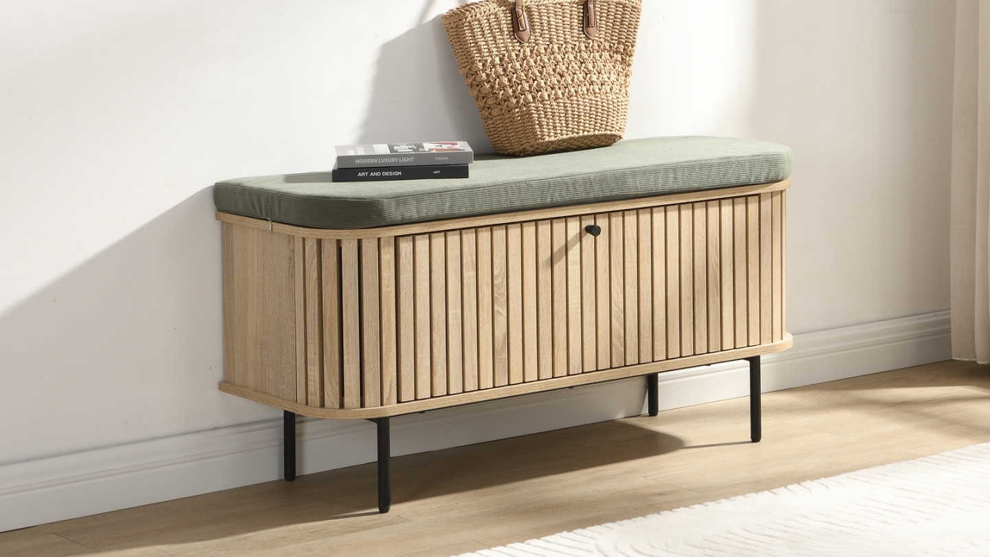 Banc d'entrée avec rangement chaussures en bois couleur chêne 100 cm - Solna Banc d'entrée avec rangement chaussures en bois couleur chêne 100 cm - Solna