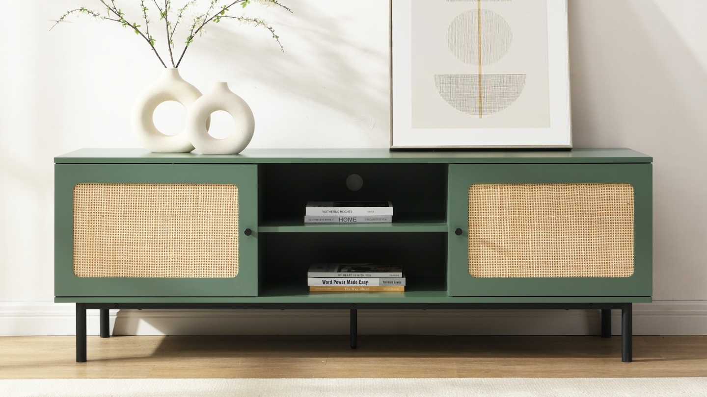 Meuble TV 2 portes bicolore vert / cannage L160xP40HH55 cm - Luma