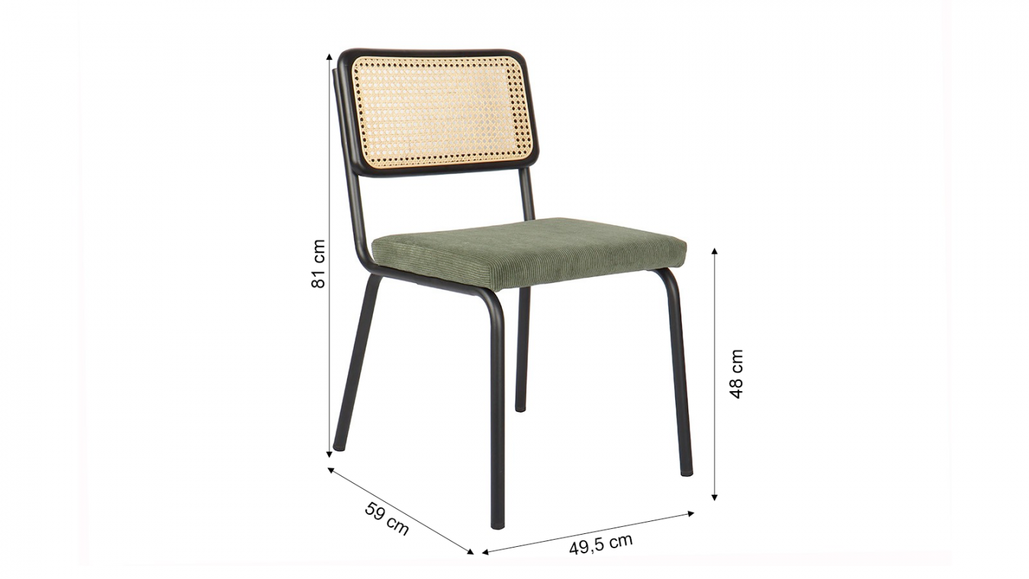 Lot de 2 chaises en cannage velours côtelé vert et métal noir - Paula