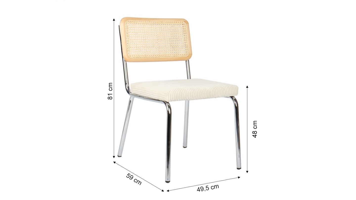 Lot de 2 chaises en acier chromé, cannage naturel et velours côtelé beige - Paula