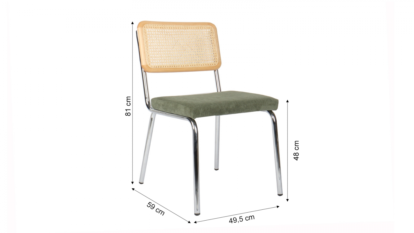 Lot de 2 chaises en acier chromé, cannage naturel et velours côtelé vert - Paula Lot de 2 chaises en acier chromé, cannage naturel et velours côtelé vert - Paula