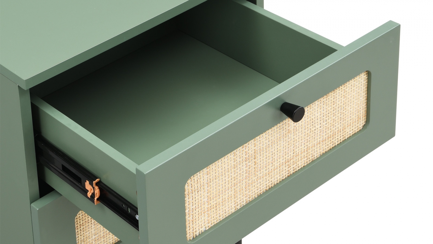 Table de chevet 2 tiroirs bicolore vert / cannage L40xP40xH55 cm - Luma