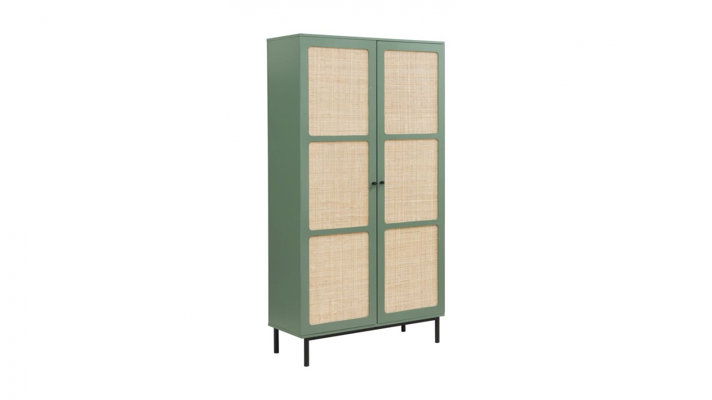 Armoire 2 portes bicolore vert / cannage L100xP40xH185 cm - Luma