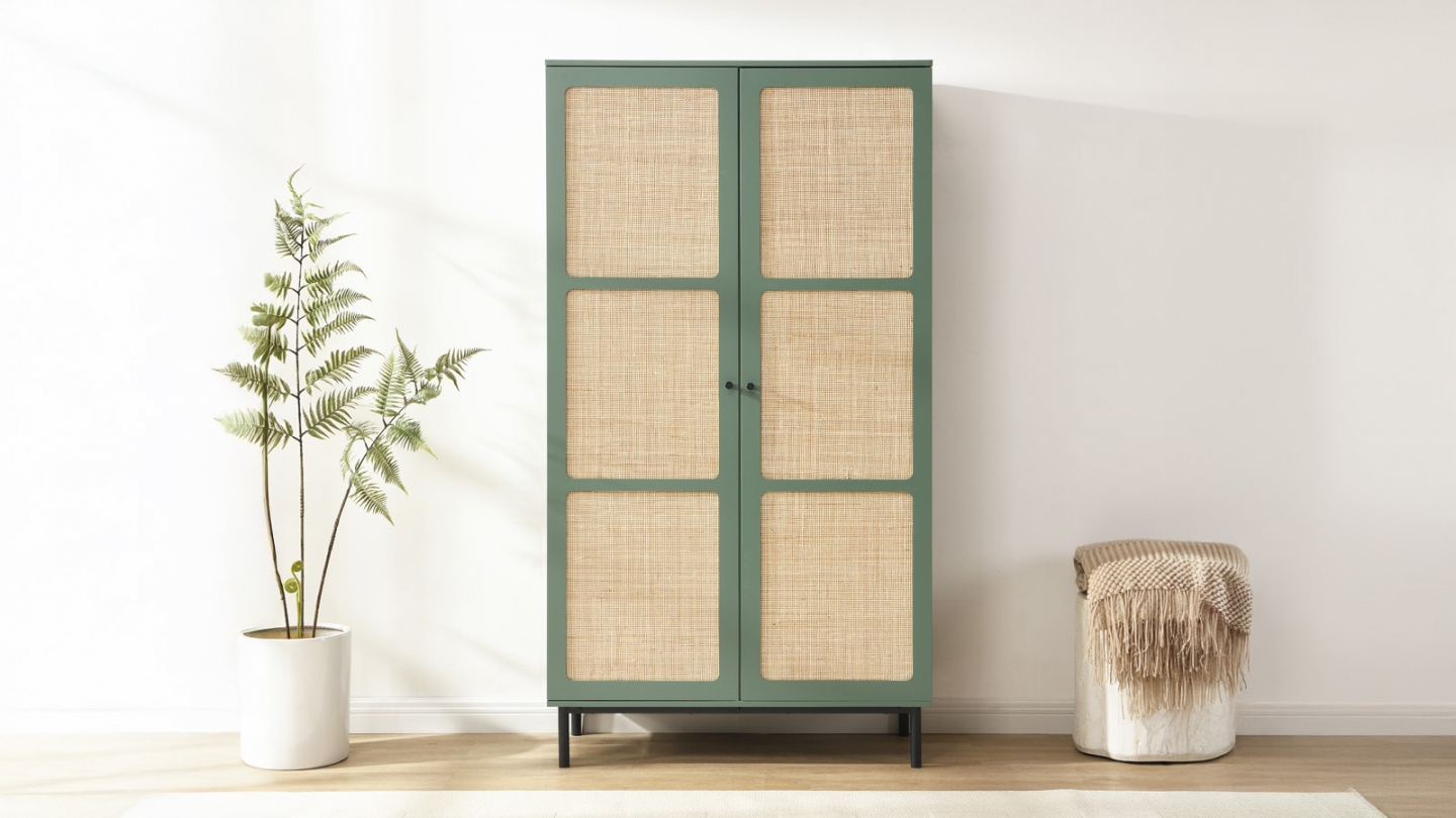 Armoire 2 portes bicolore vert / cannage L100xP40xH185 cm - Luma