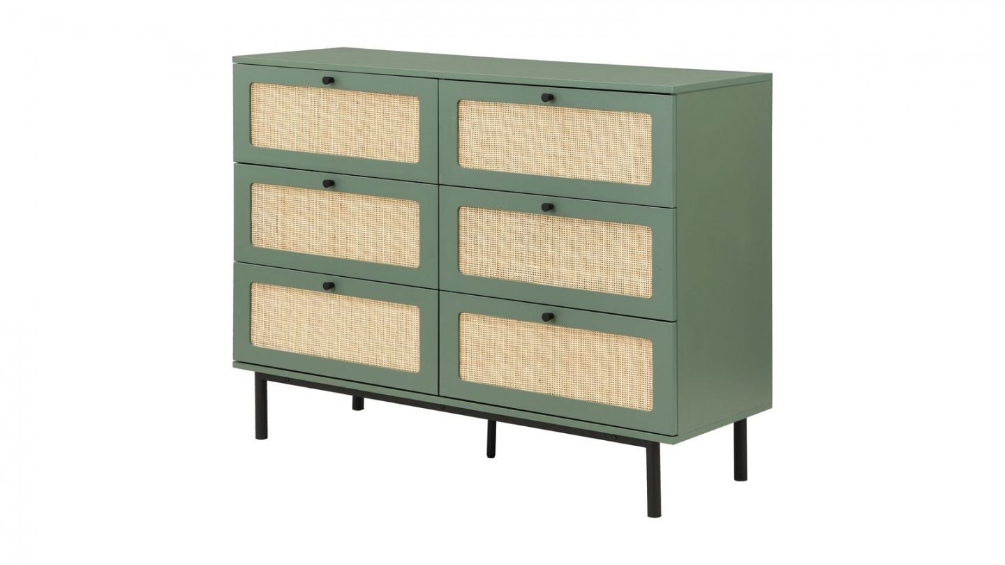 Commode en cannage 6 tiroirs verte 120cm - Luma