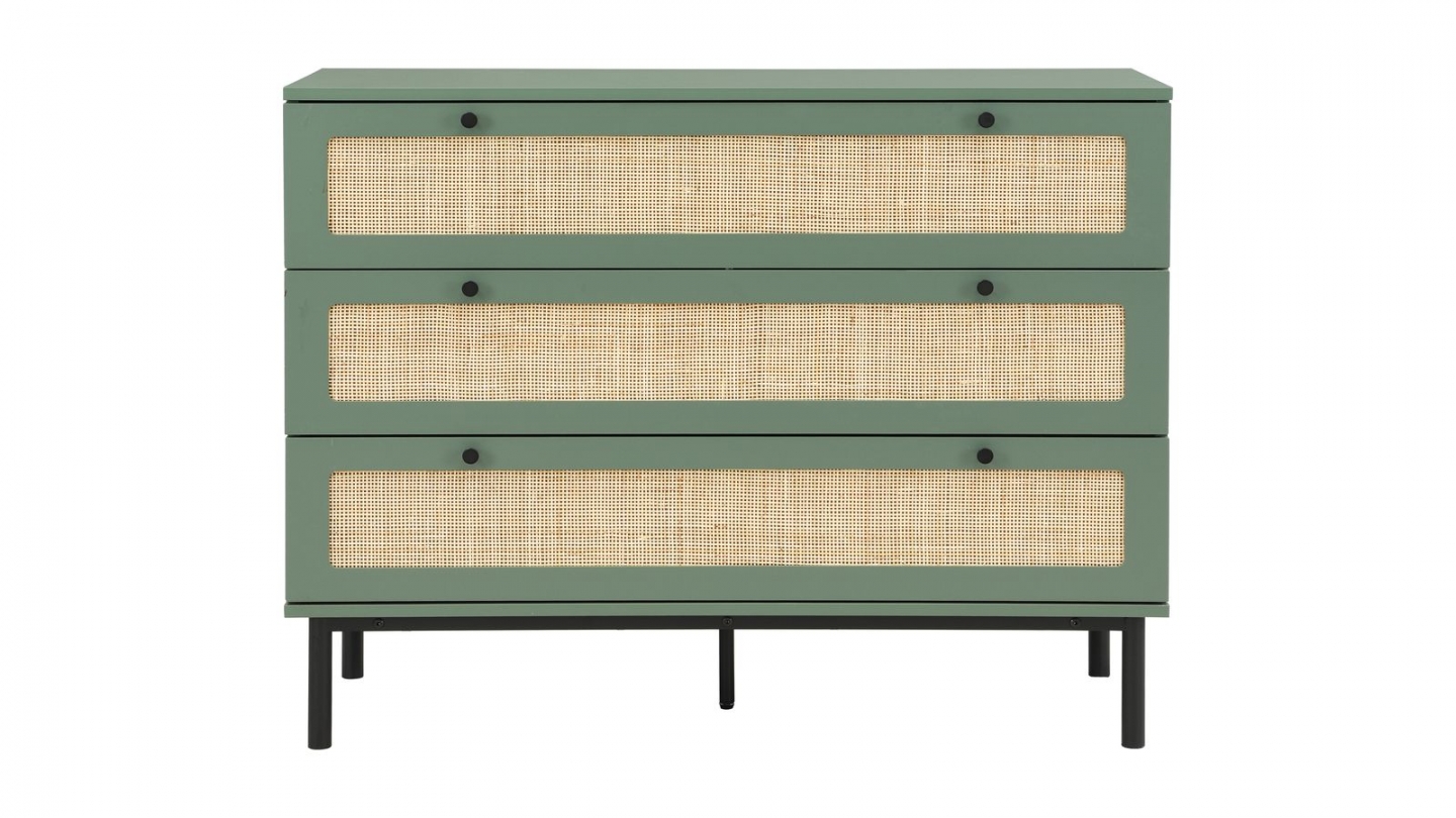 Commode en cannage 3 tiroirs verte 105cm - Luma