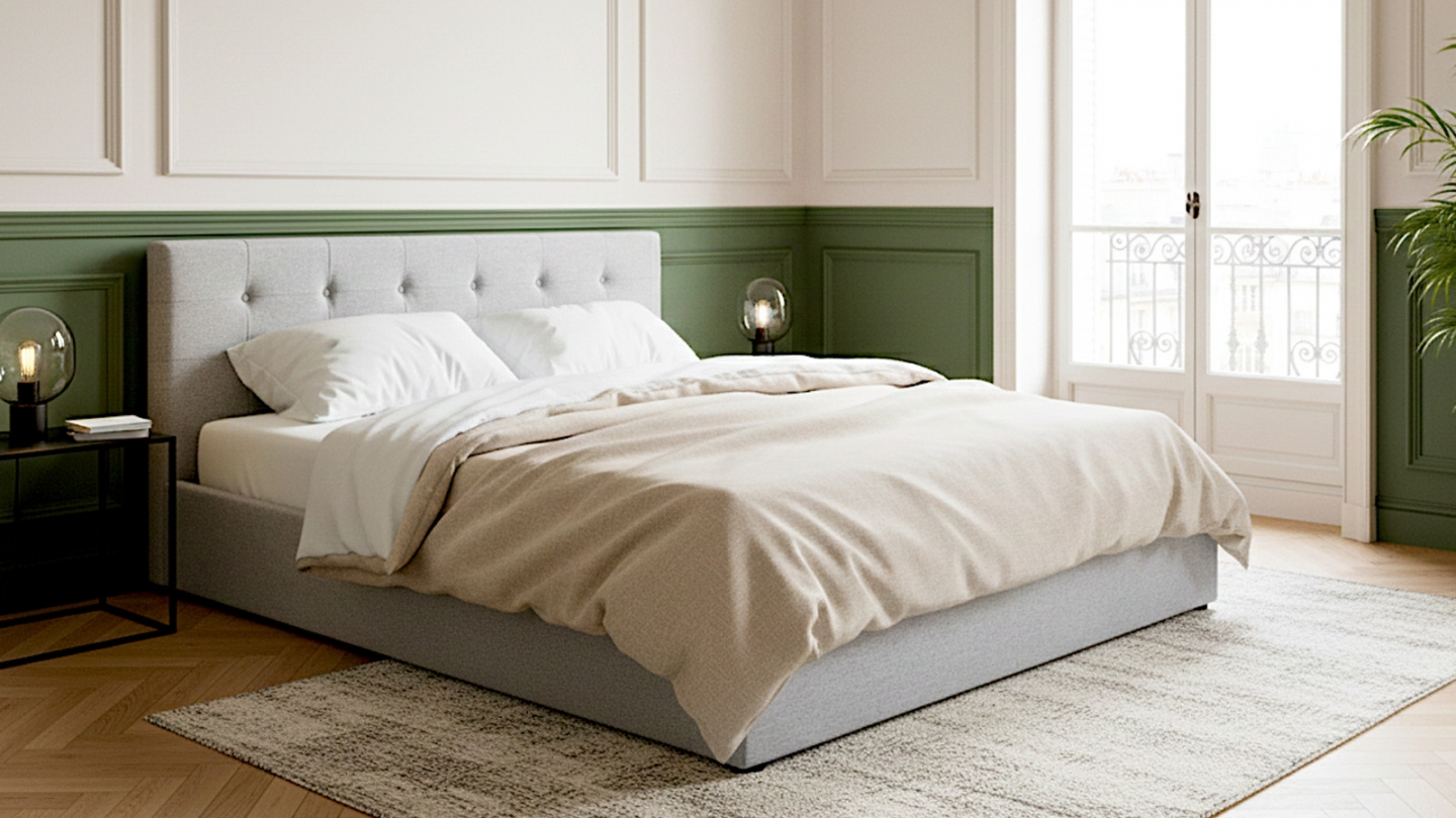 Lit coffre adulte 140x190 cm avec tête de lit capitonnée en tissu gris et sommier - Tina Lit coffre adulte 140x190 cm avec tête de lit capitonnée en tissu gris et sommier - Tina