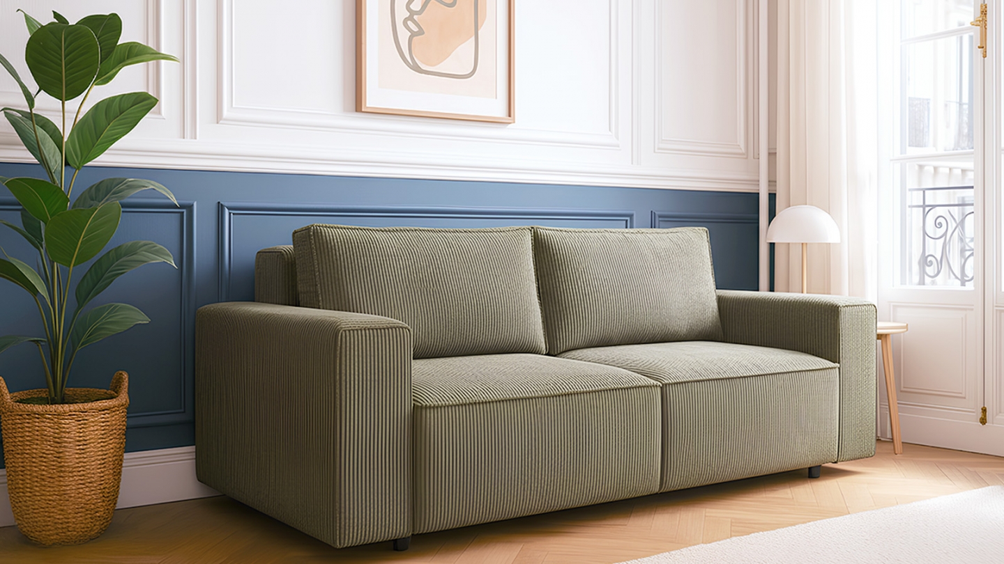 Canapé convertible 3 Places avec coffre de rangement en velours côtelé vert kaki - Harper
