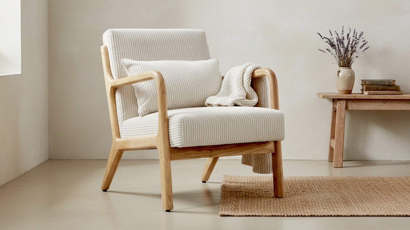 Fauteuil en bois et velours côtelé beige - Lanna Fauteuil en bois et velours côtelé beige - Lanna
