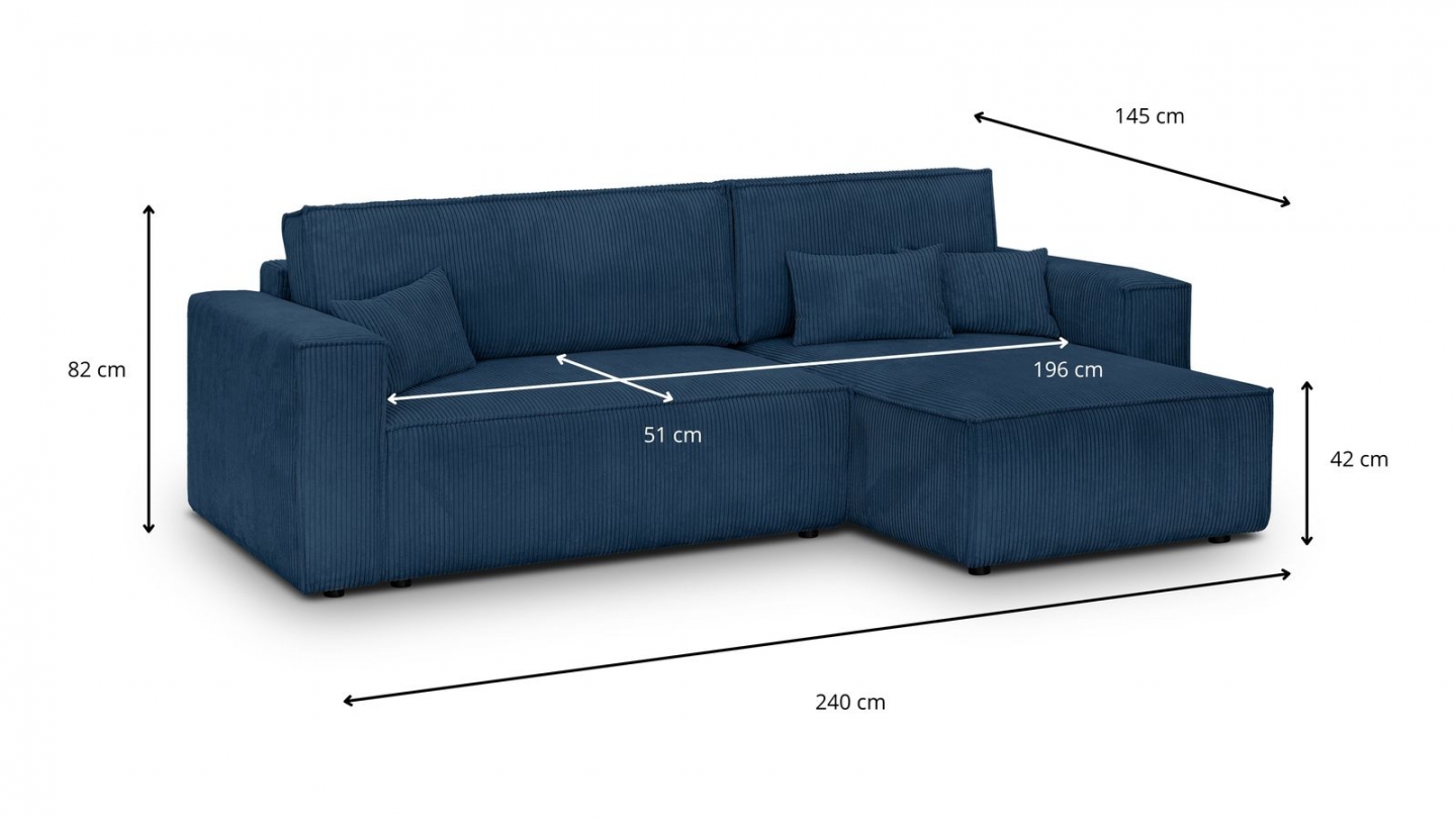 Canapé d'angle convertible réversible 4 places avec coffre de rangement en velours côtelé bleu - Livia Canapé d'angle convertible réversible 4 places avec coffre de rangement en velours côtelé bleu - Livia