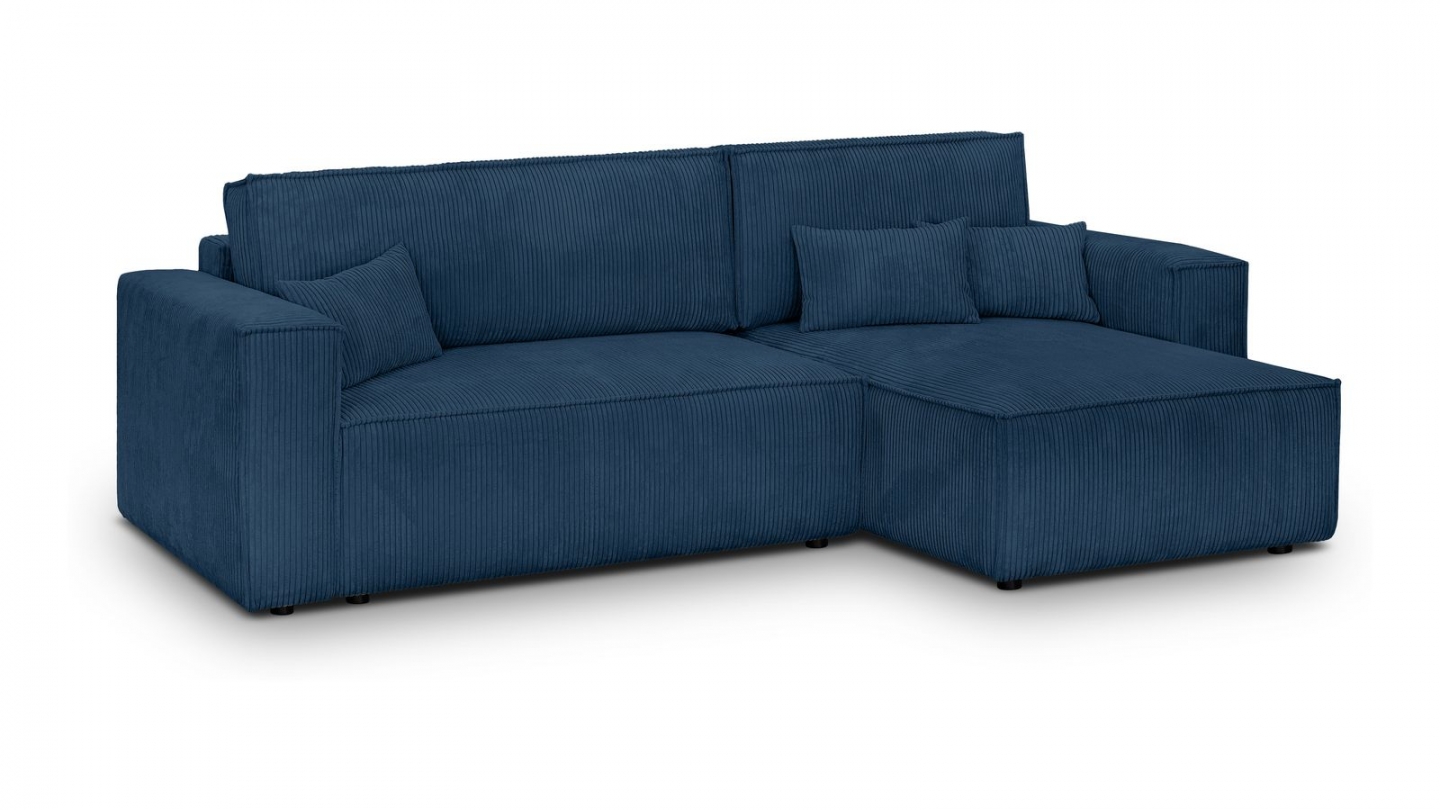 Canapé d'angle convertible réversible 4 places avec coffre de rangement en velours côtelé bleu - Livia Canapé d'angle convertible réversible 4 places avec coffre de rangement en velours côtelé bleu - Livia