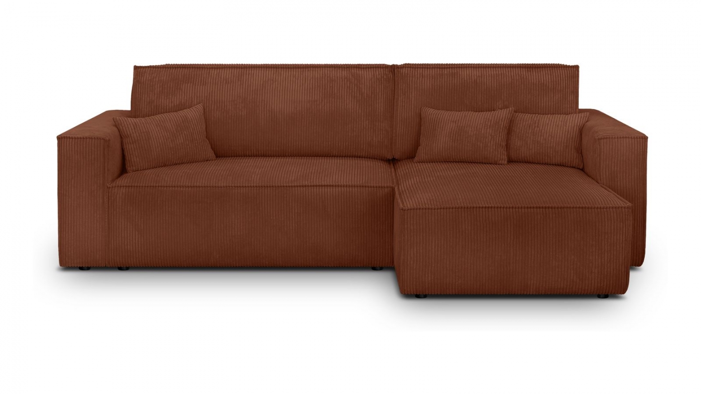 Canapé d'angle convertible réversible 4 places avec coffre de rangement en velours côtelé rouille - Livia Canapé d'angle convertible réversible 4 places avec coffre de rangement en velours côtelé rouille - Livia