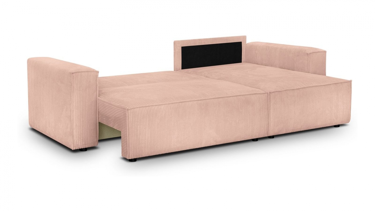 Canapé d'angle convertible réversible 4 places avec coffre de rangement en velours côtelé rose pâle - Livia Canapé d'angle convertible réversible 4 places avec coffre de rangement en velours côtelé rose pâle - Livia