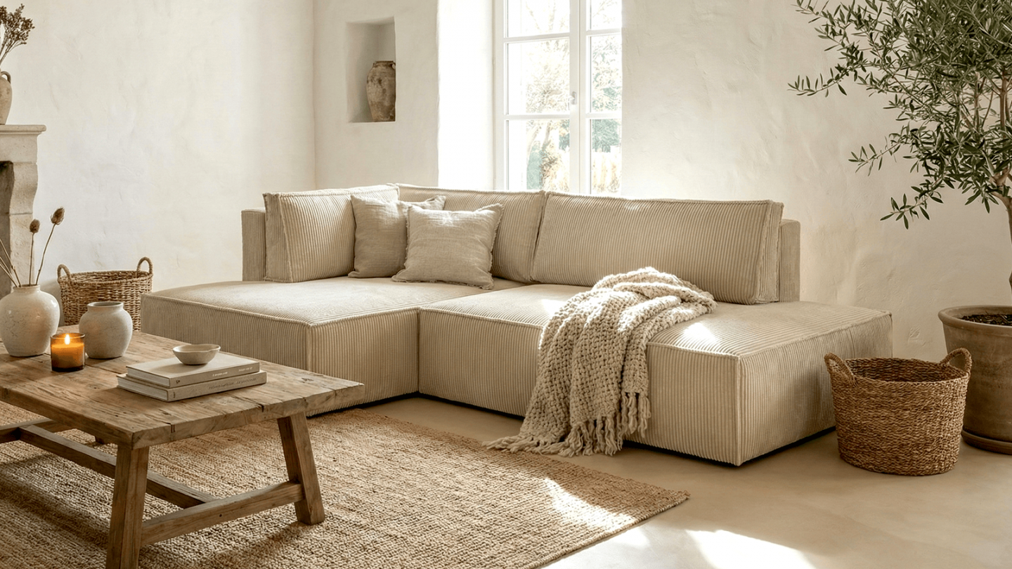 Canapé d'angle à gauche convertible 3 places avec coffre de rangement en velours côtelé beige - Barani Canapé d'angle à gauche convertible 3 places avec coffre de rangement en velours côtelé beige - Barani