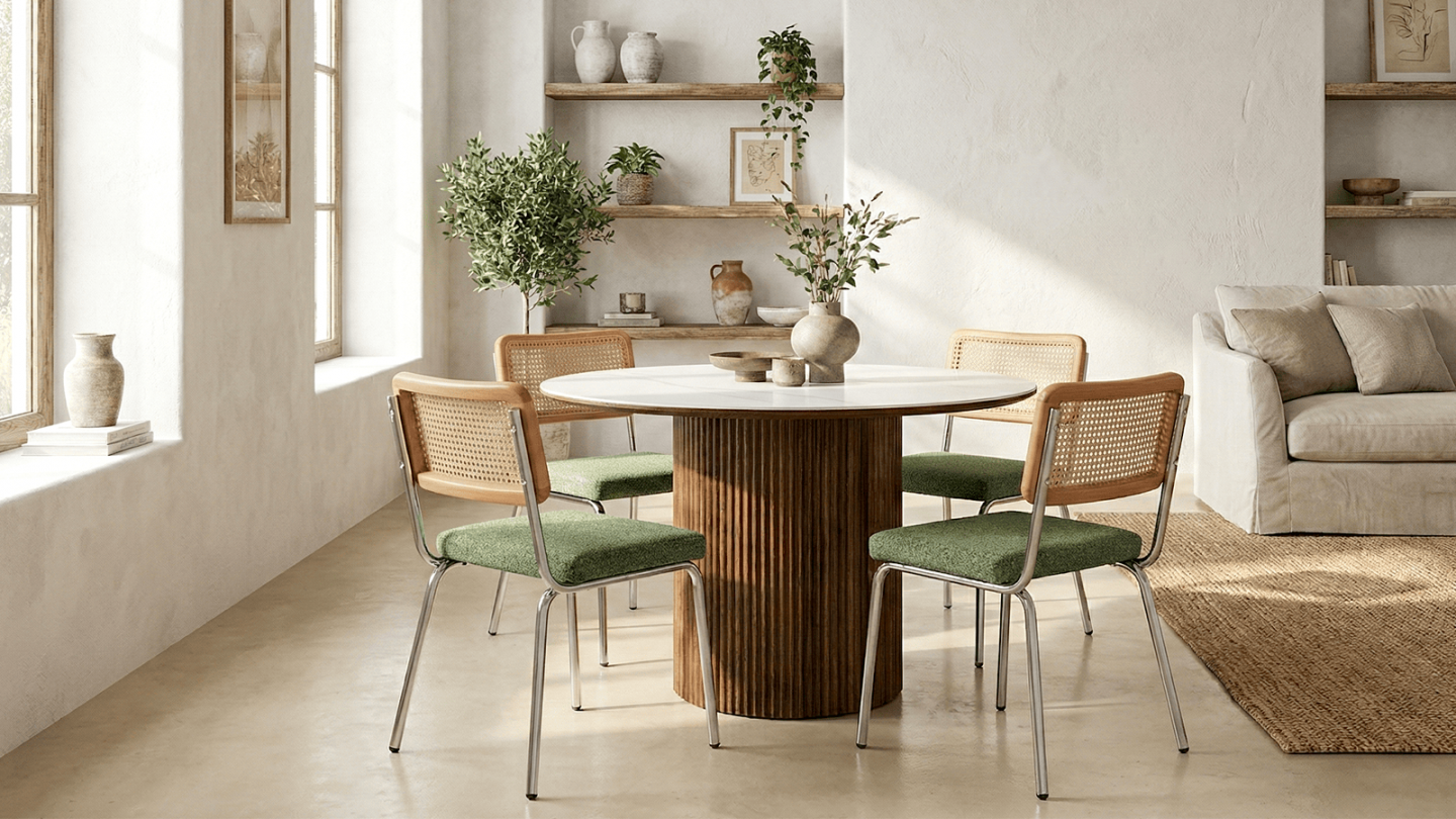 Table à manger ronde plateau en céramique effet marbre et piètement effet noyer 5 à 6 pers. 120 cm - Mira Table à manger ronde plateau en céramique effet marbre et piètement effet noyer 5 à 6 pers. 120 cm - Mira