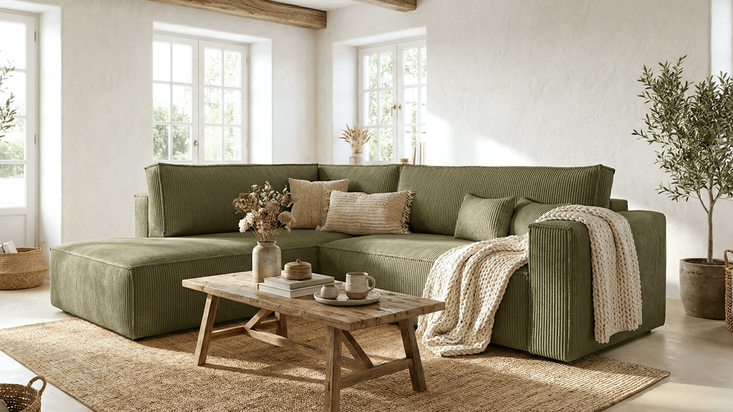 Canapé d'angle ouvert à gauche convertible 3 places en velours côtelé vert kaki - Emma Canapé d'angle ouvert à gauche convertible 3 places en velours côtelé vert kaki - Emma