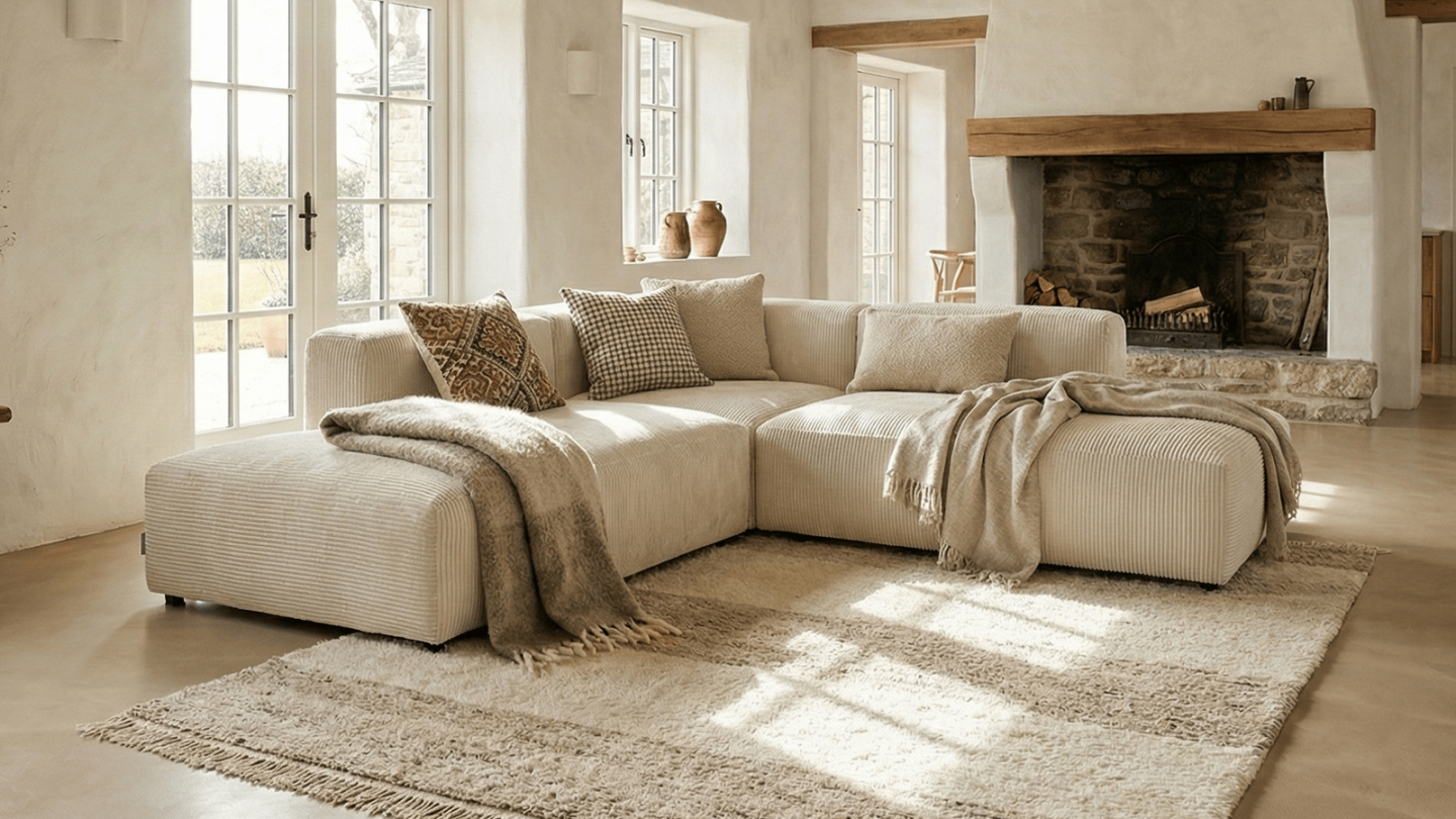 Canapé d'angle modulable réversible 5 places en velours côtelé beige - Modulo Canapé d'angle modulable réversible 5 places en velours côtelé beige - Modulo