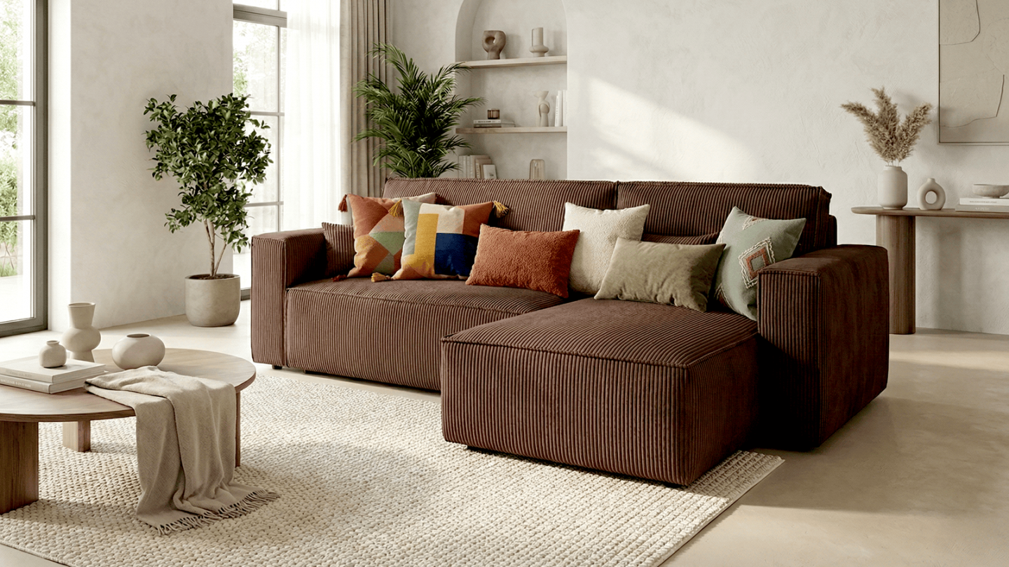 Canapé d'angle convertible réversible 4 places avec coffre de rangement en velours côtelé moka - Livia Canapé d'angle convertible réversible 4 places avec coffre de rangement en velours côtelé moka - Livia