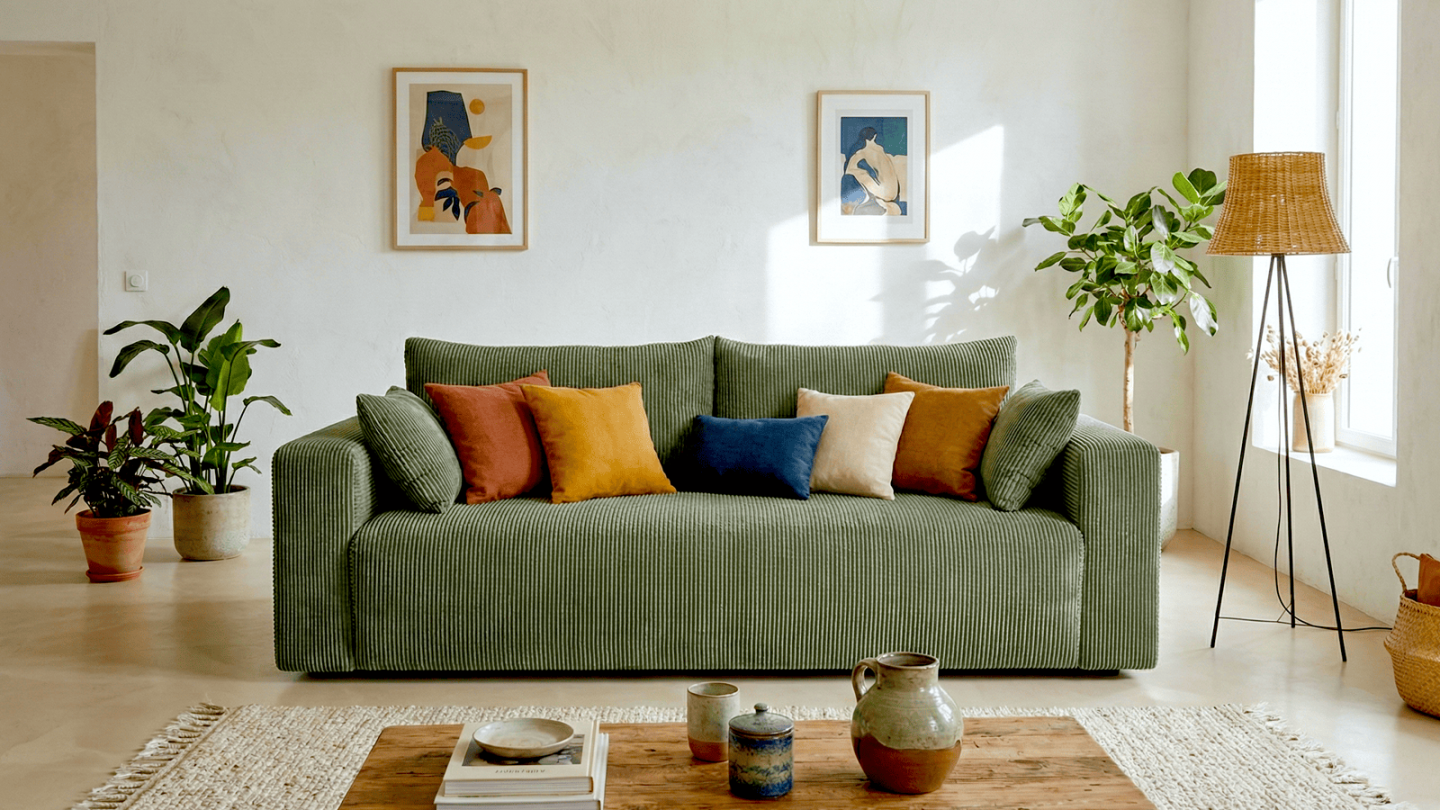 Canapé convertible 3 places en velours côtelé vert kaki - Fjord Canapé convertible 3 places en velours côtelé vert kaki - Fjord