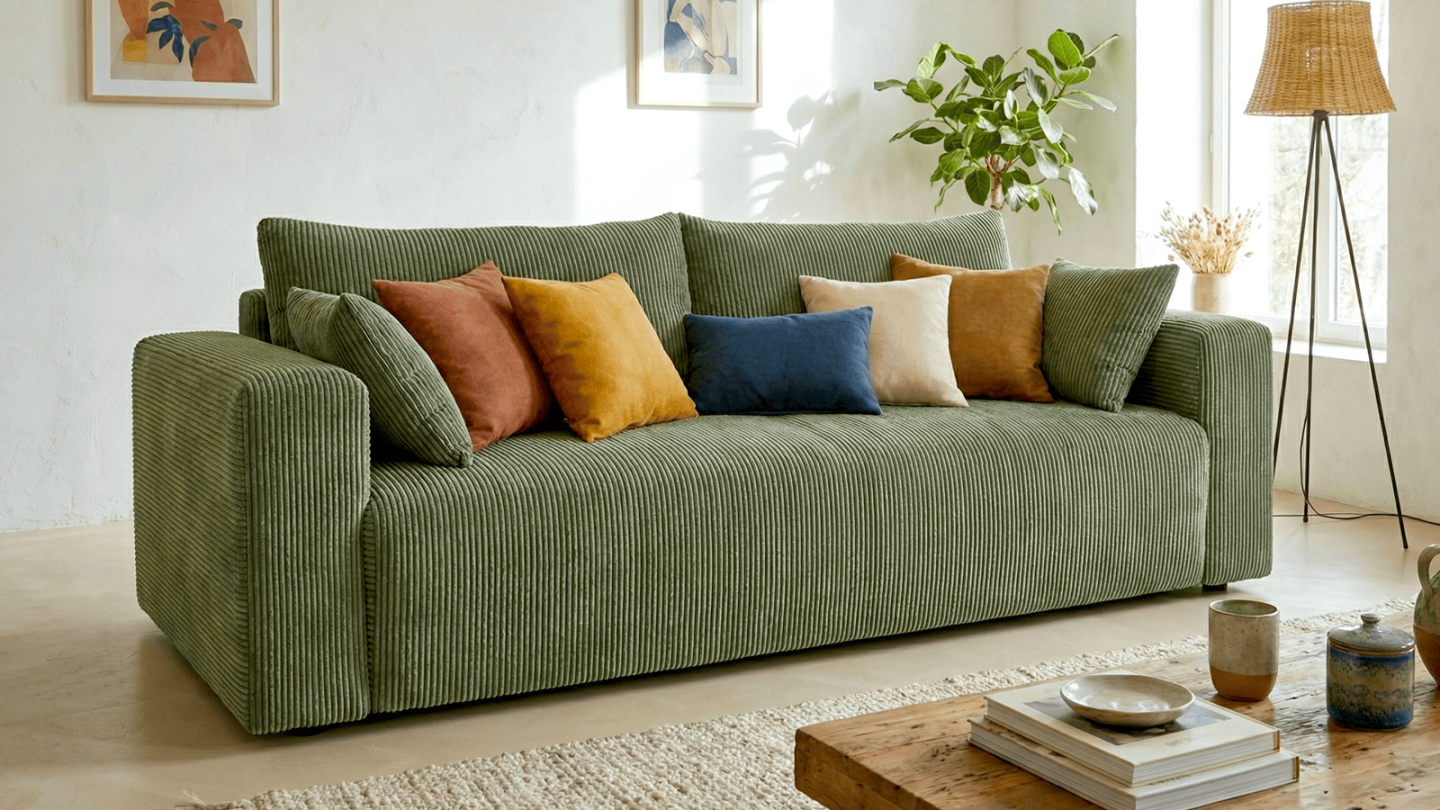 Canapé convertible 3 places en velours côtelé vert kaki - Fjord Canapé convertible 3 places en velours côtelé vert kaki - Fjord