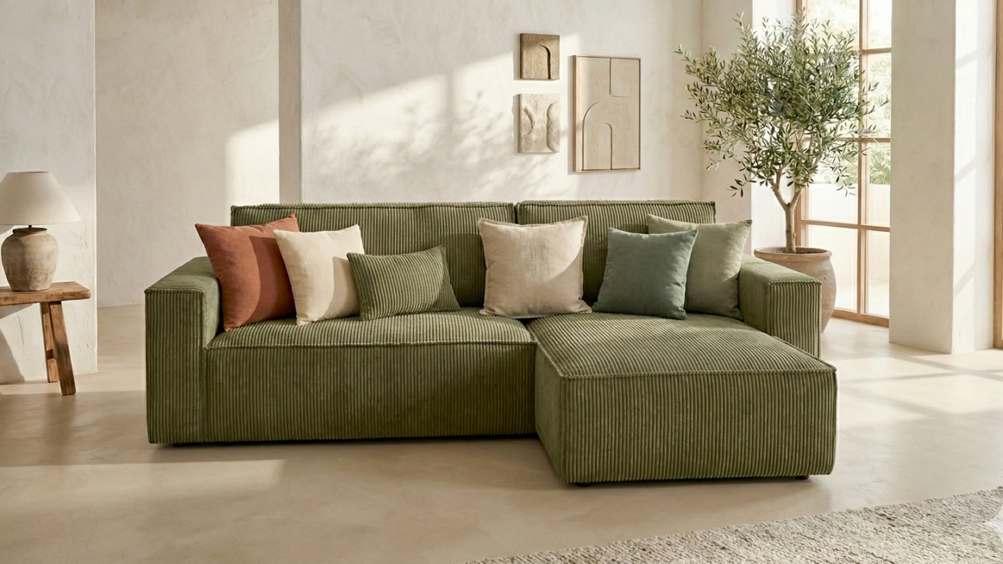 Canapé d'angle convertible réversible 4 places avec coffre de rangement en velours côtelé kaki - Livia Canapé d'angle convertible réversible 4 places avec coffre de rangement en velours côtelé kaki - Livia