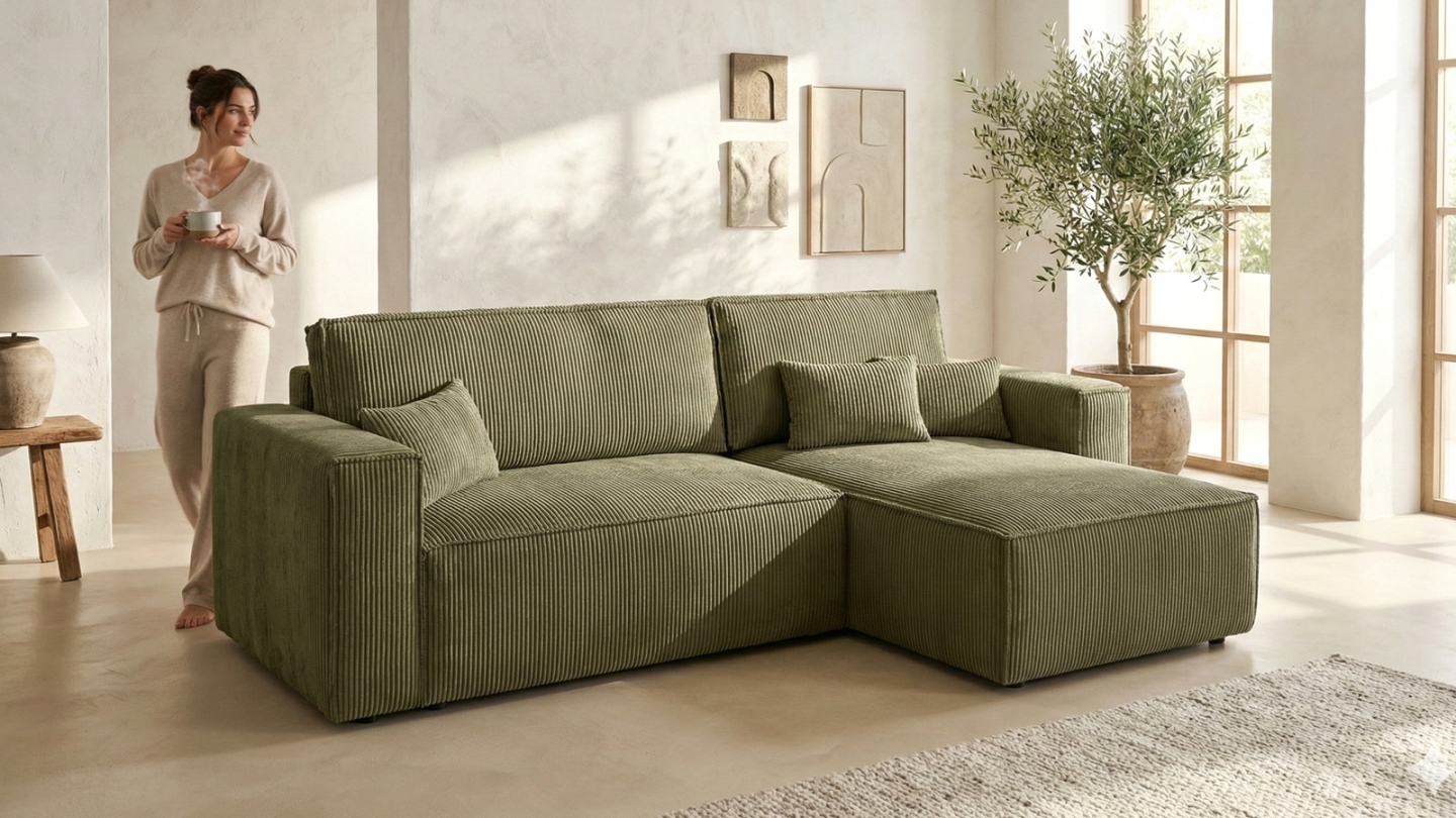 Canapé d'angle convertible réversible 4 places avec coffre de rangement en velours côtelé kaki - Livia Canapé d'angle convertible réversible 4 places avec coffre de rangement en velours côtelé kaki - Livia
