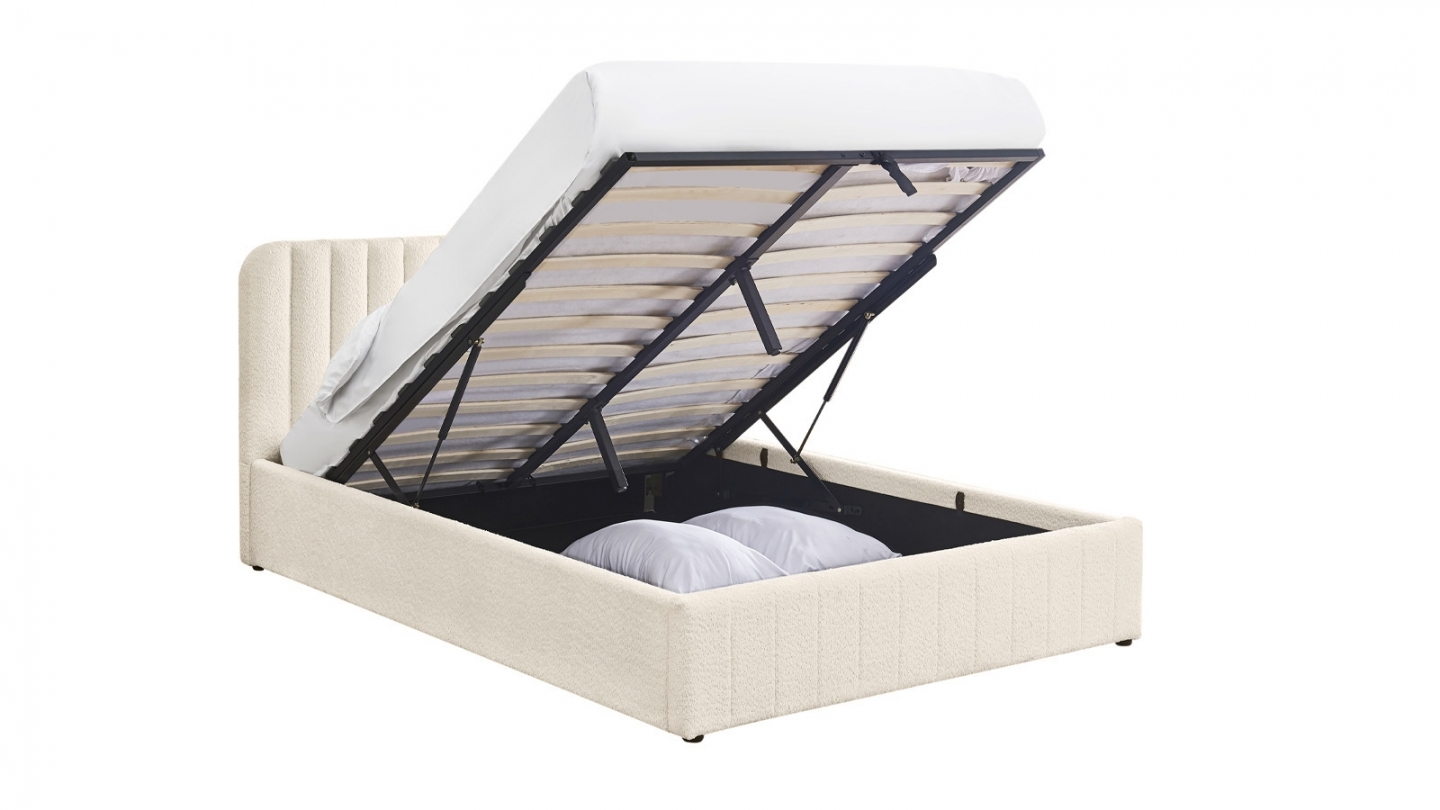 Ensemble Lit coffre adulte 160x200cm avec tête de lit en tissu bouclé beige - Ava + Matelas mémoire de forme - Memo HR Ensemble Lit coffre adulte 160x200cm avec tête de lit en tissu bouclé beige - Ava + Matelas mémoire de forme - Memo HR