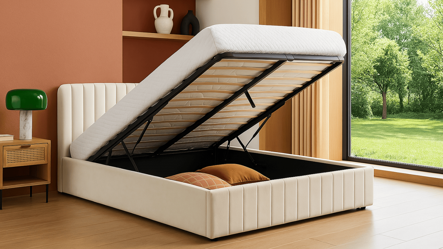 Ensemble Lit coffre adulte 140x190cm avec tête de lit en velours beige - Ava + Matelas mémoire de forme - Dual Confort Ensemble Lit coffre adulte 140x190cm avec tête de lit en velours beige - Ava + Matelas mémoire de forme - Dual Confort